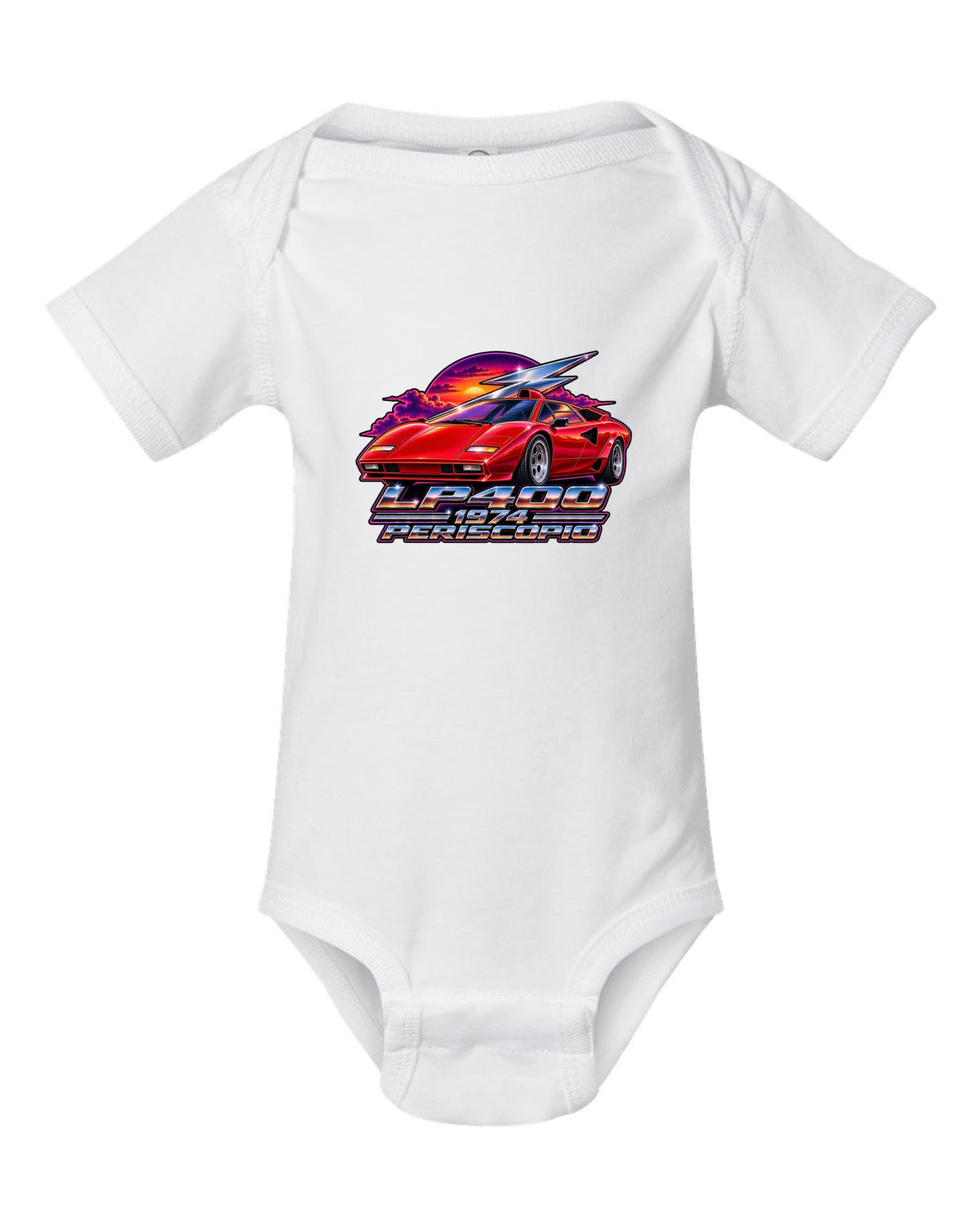 80s airbrush chrome style Lamborghini Countach LP400 with LP400 1974 Periscopio text white baby onesie front view with the design