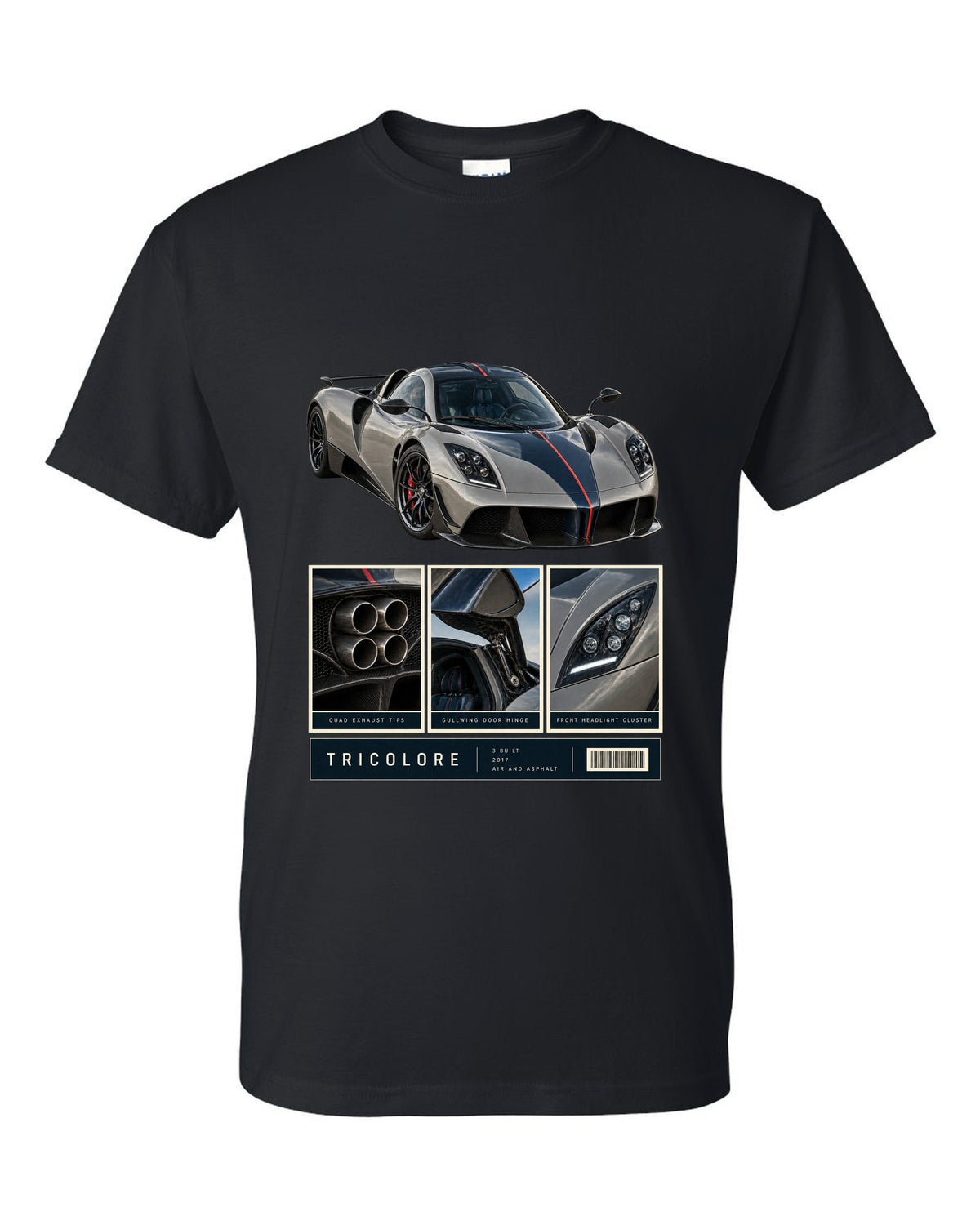 Dossier panel print of the Pagani Huayra Tricolore with the text Tricolore, 3 built, 2017, air and asphalt black t-shirt front view with the design
