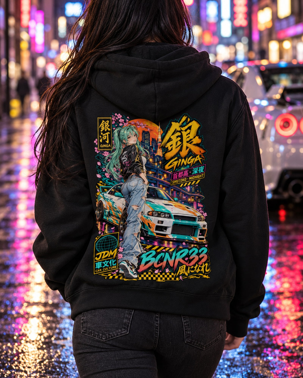 GINGA BCNR33 Anime Girl Full-Back Graphic Tee Zip Hoodie Black worn hero