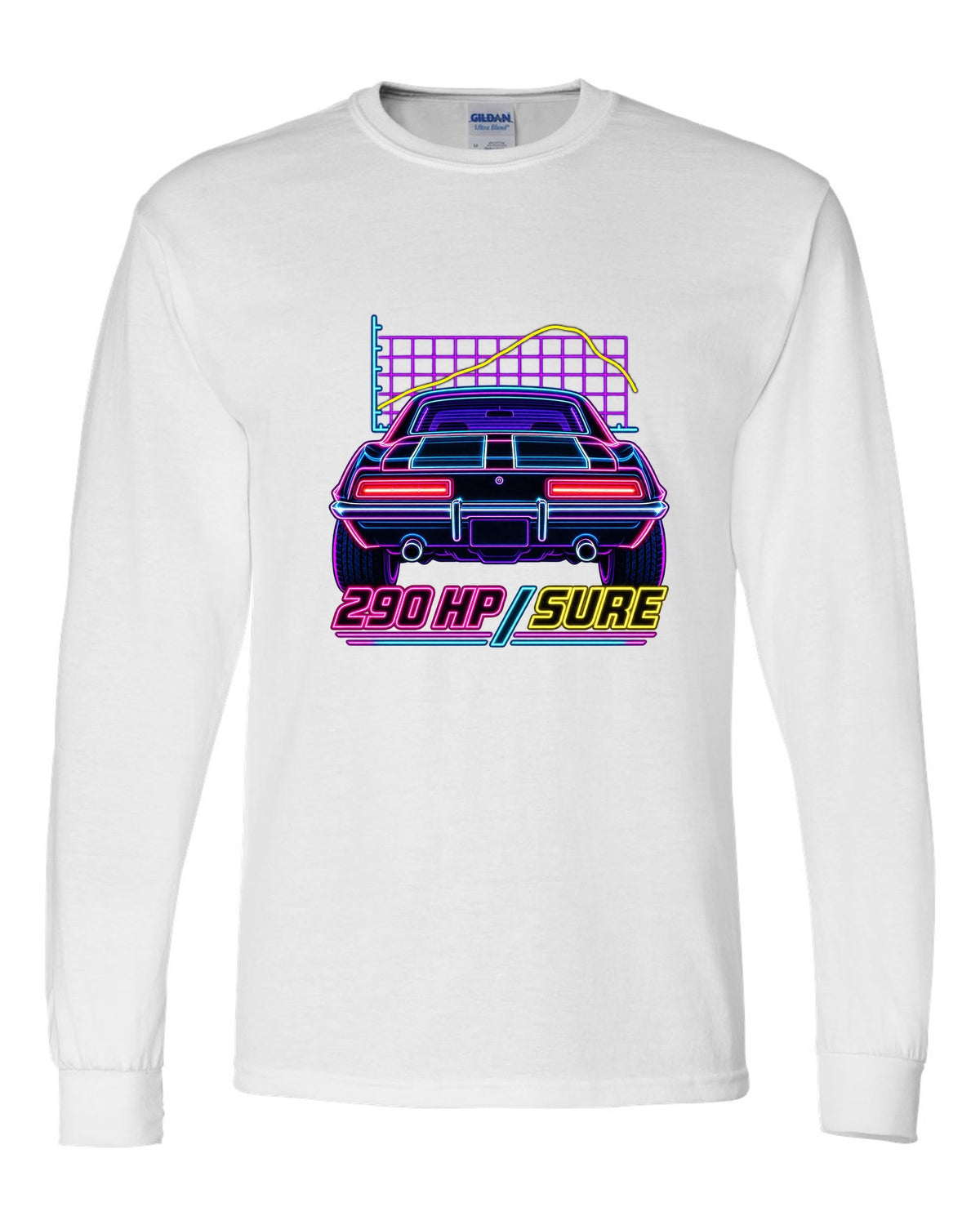Neon synthwave outline of a 1969 Chevrolet Camaro Z/28 taillights with 290 HP lettering white long sleeve front view with the design