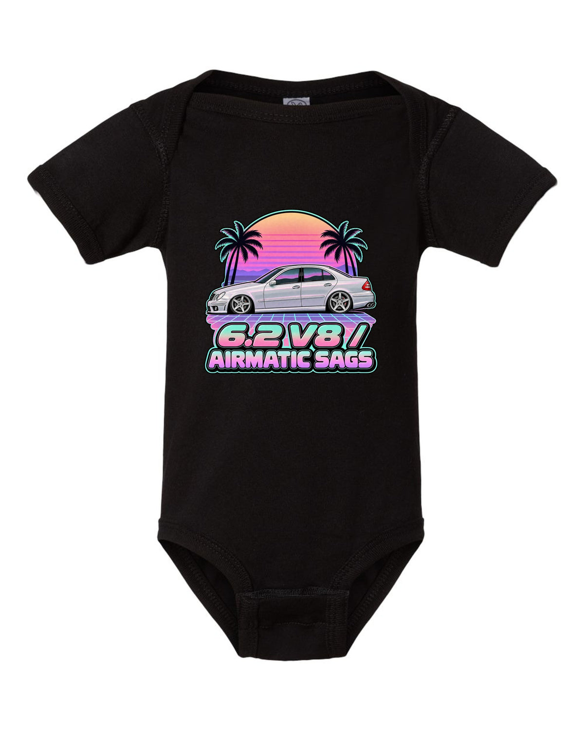 Vaporwave pastel print of a Mercedes E63 AMG W211 with Airmatic text black baby onesie front view with the design