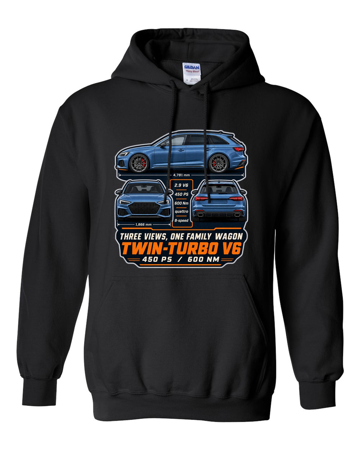 Audi RS4 Avant B9 facelift three-view drawing with spec table print black pull over hoodie front view with the design