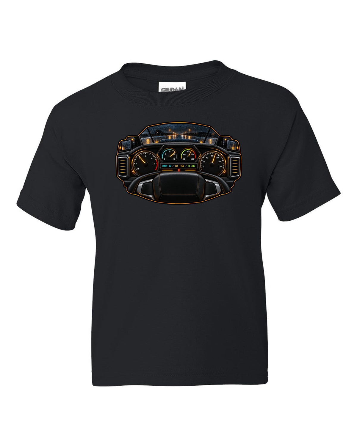 Night gauge-cluster HUD print of a 2019-2024 Ram HD 6.7 HO showing boost 32 EGT 1150 HO 400 black kids tee front view with the design