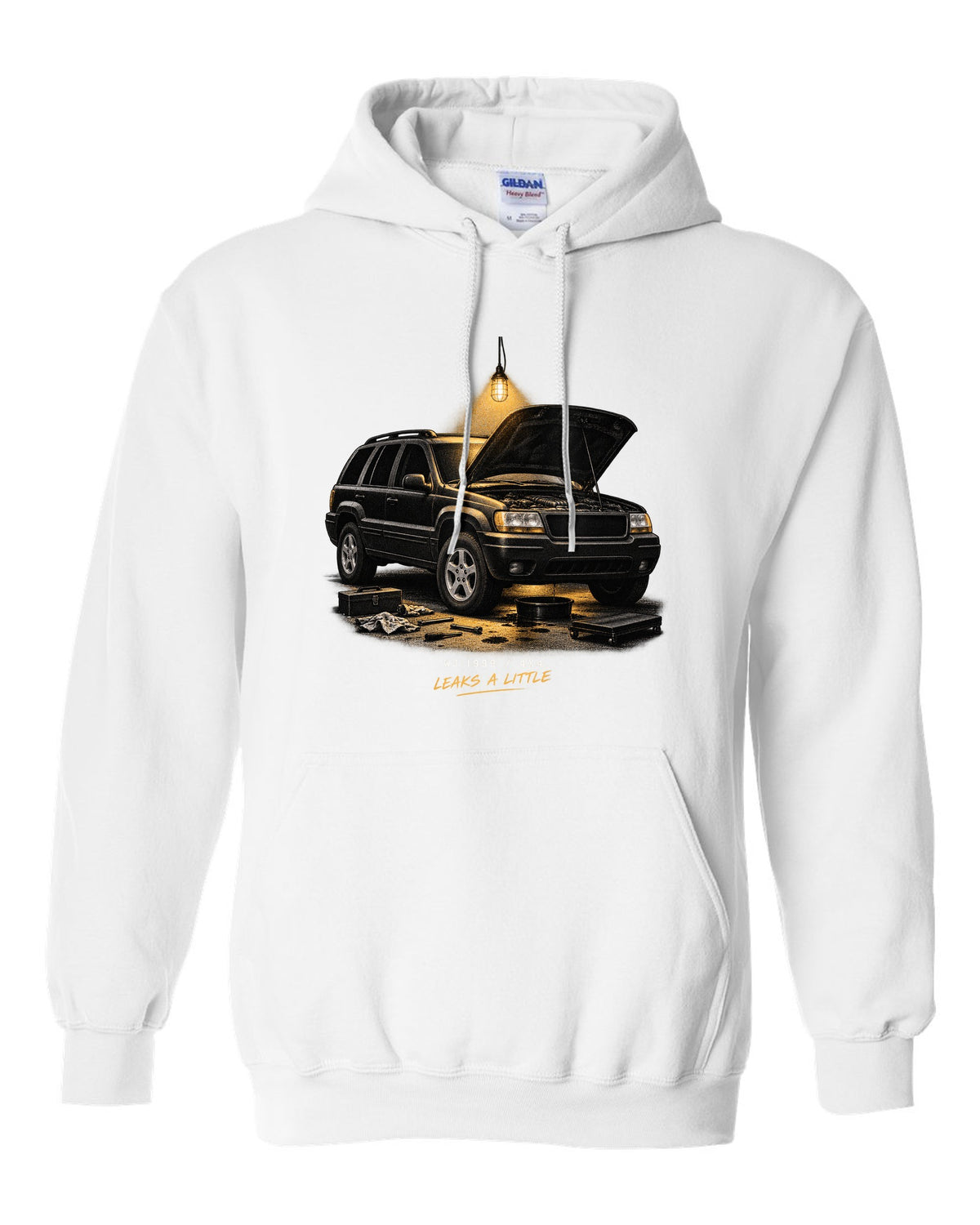 Jeep Grand Cherokee WJ in a night garage print with 1999 4x4 caption white pull over hoodie front view with the design