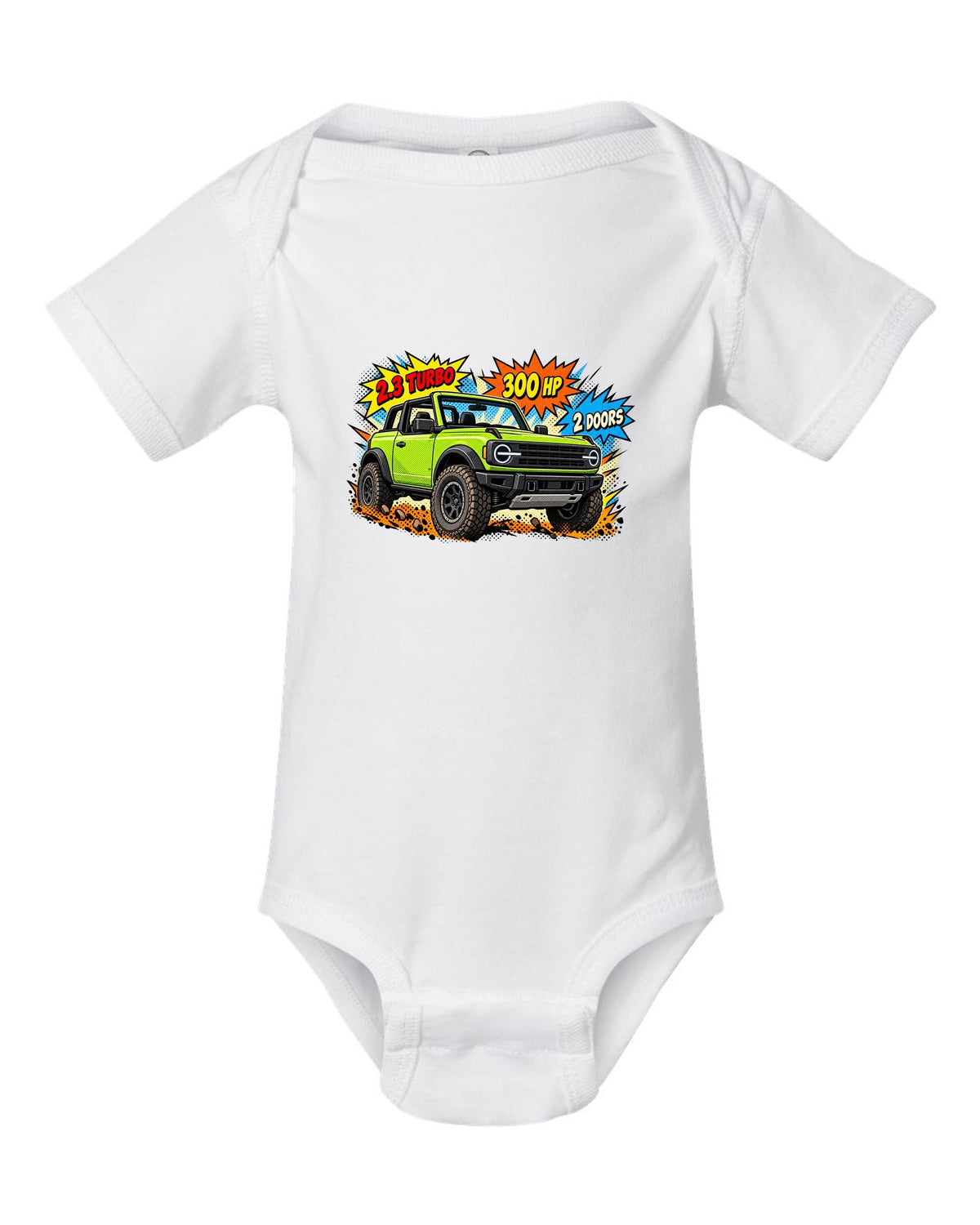 Comic halftone pop-art of a 2021 Ford Bronco 2-door with round headlights and 2.3 TURBO 300 HP lettering white baby onesie front view with the design