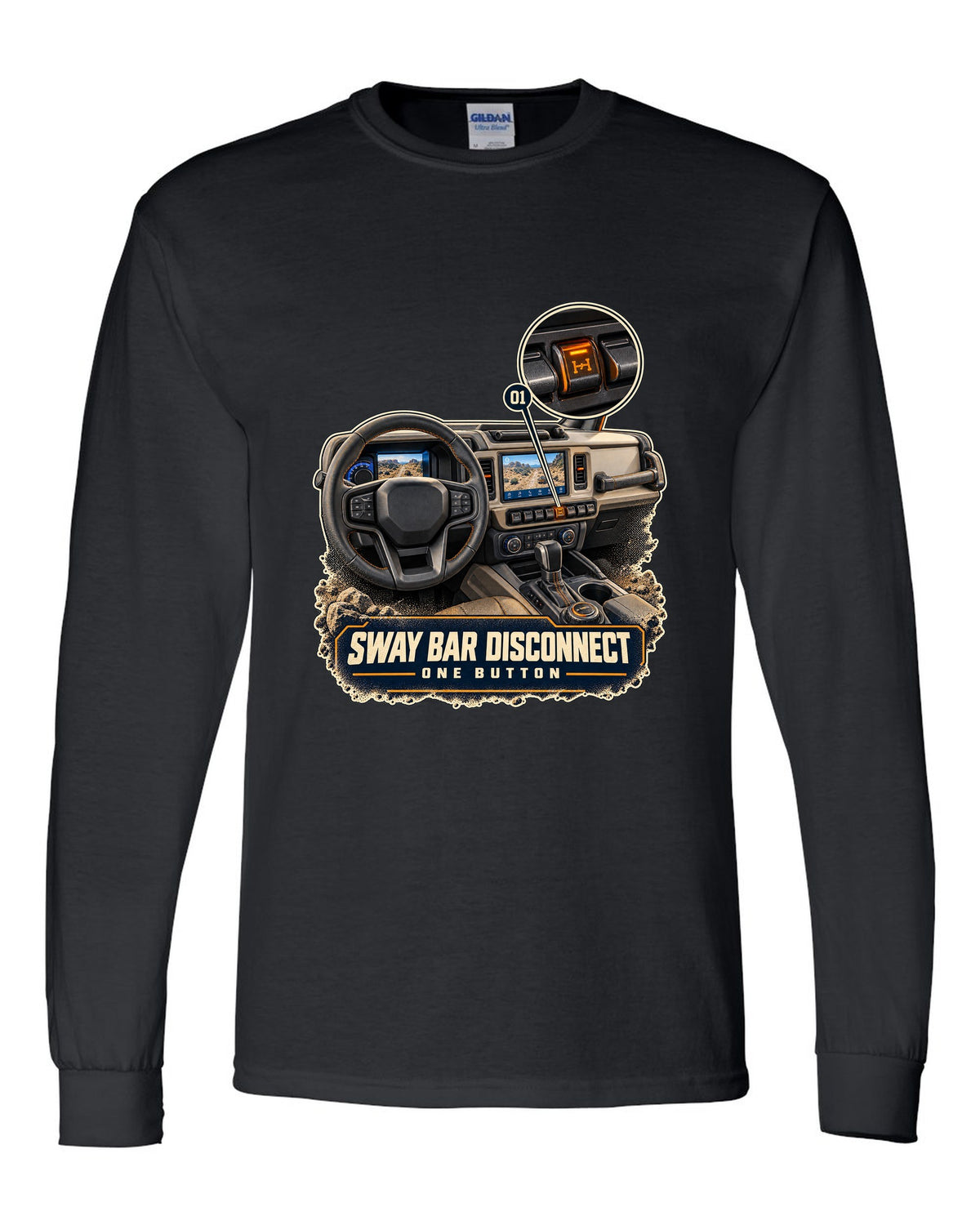 Ford Bronco Badlands dash with sway bar disconnect switch print black long sleeve front view with the design