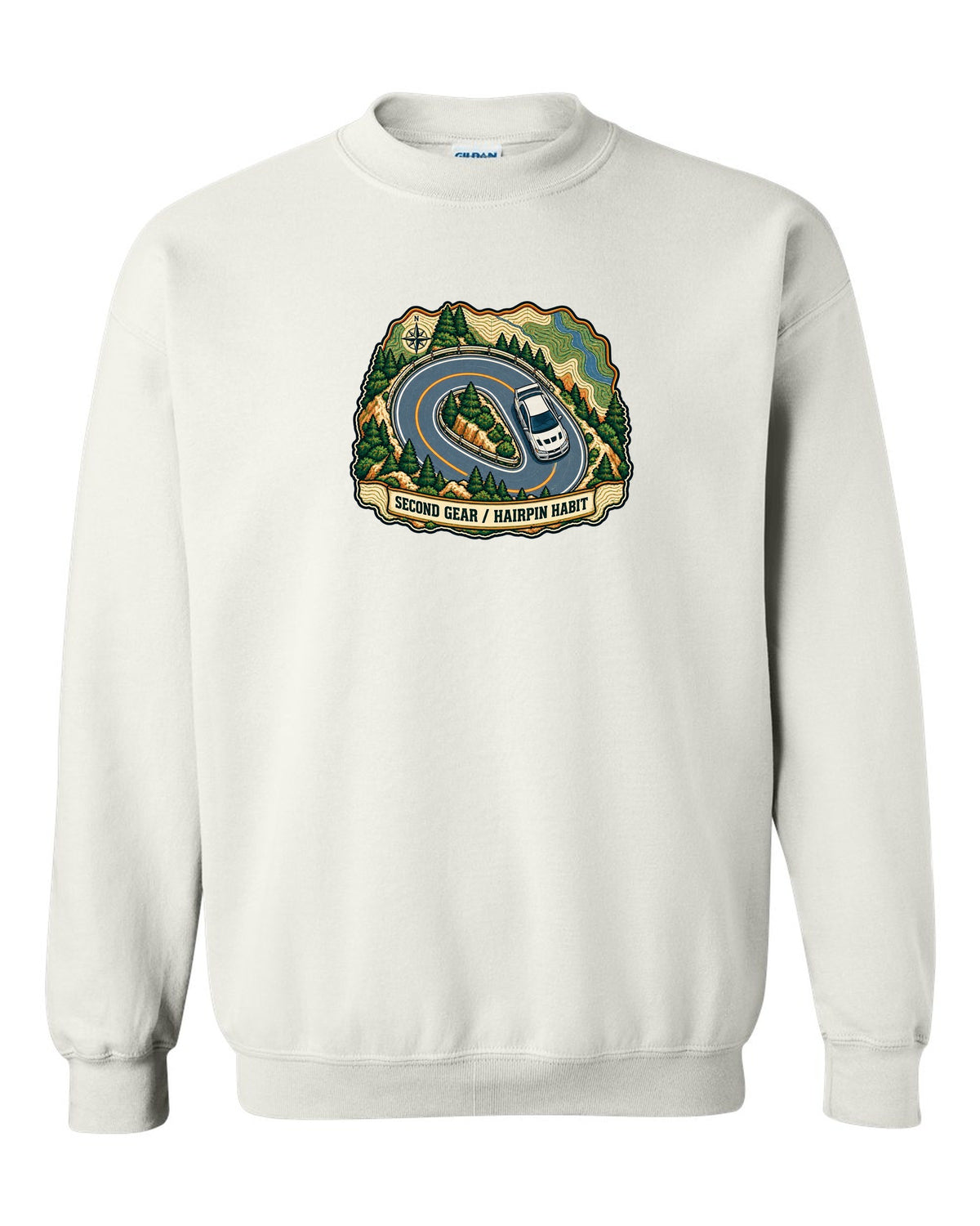 Topographic route map print for the Mitsubishi Evo VII CT9A with second gear hairpin habit text white crewneck front view with the design