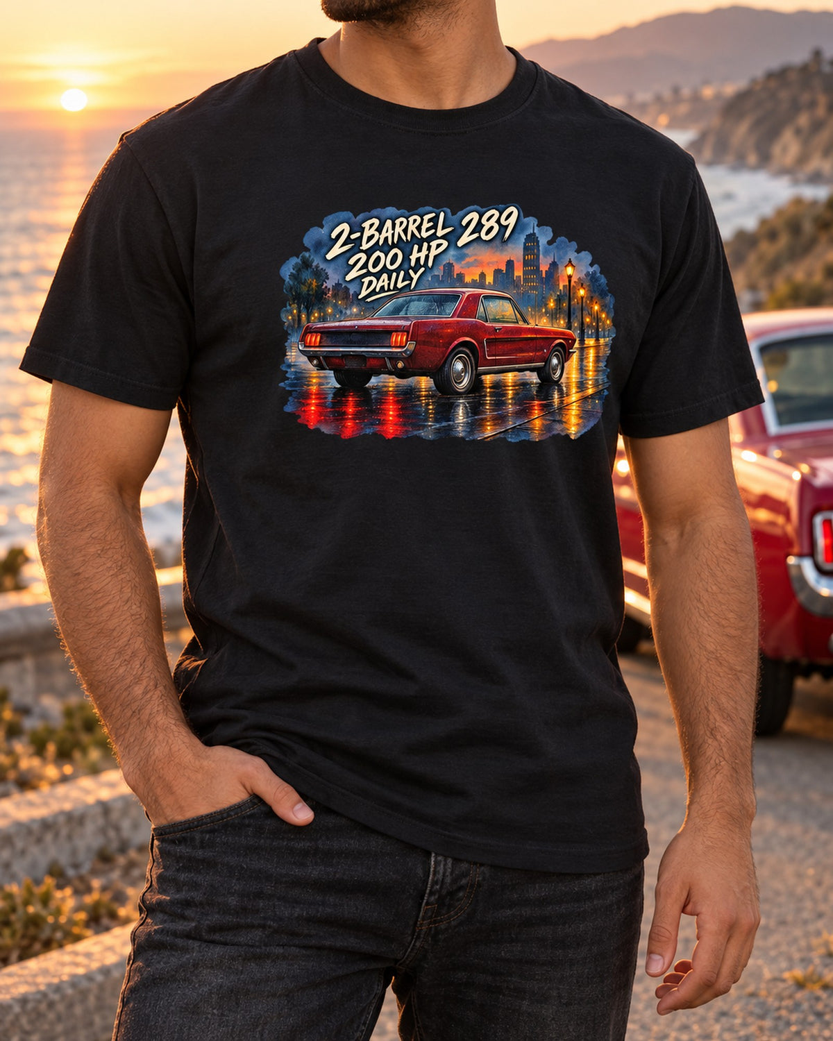1965 Ford Mustang Coupe Rainy Night Watercolour Shirt T-Shirt Black worn hero