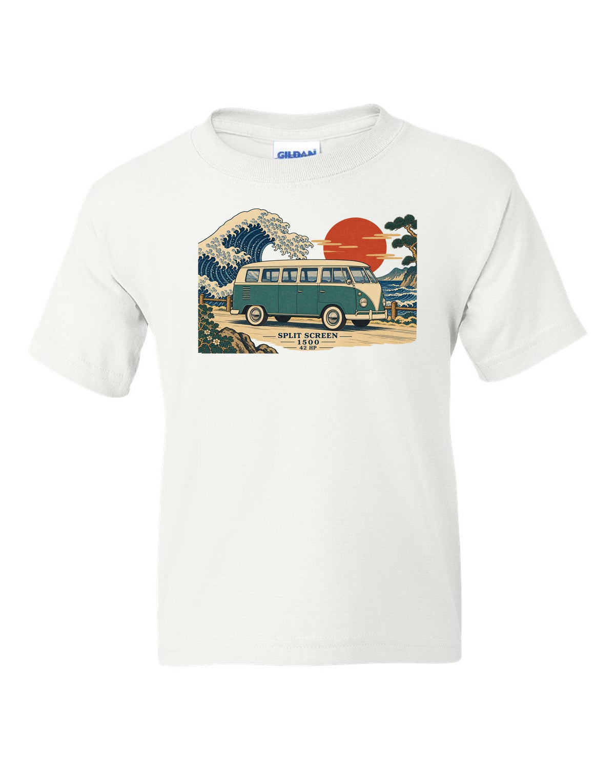 Ukiyo-e woodblock of a 1963 split-window VW Bus T1 with a wave and 42 HP lettering white kids tee front view with the design
