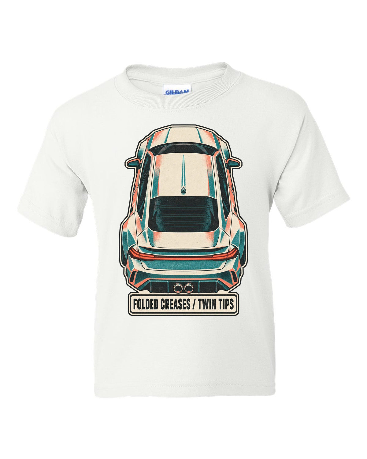 Risograph duotone top-down print of a Hyundai Elantra N CN7 with folded creases and twin tips text white kids tee front view with the design