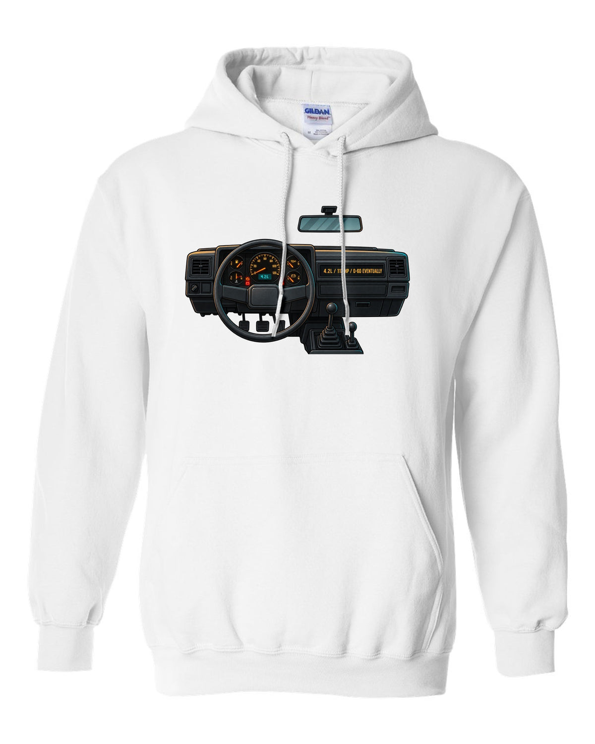 Gauge-cluster HUD print of a Jeep Wrangler YJ with 4.2L and 112 HP text white pull over hoodie front view with the design