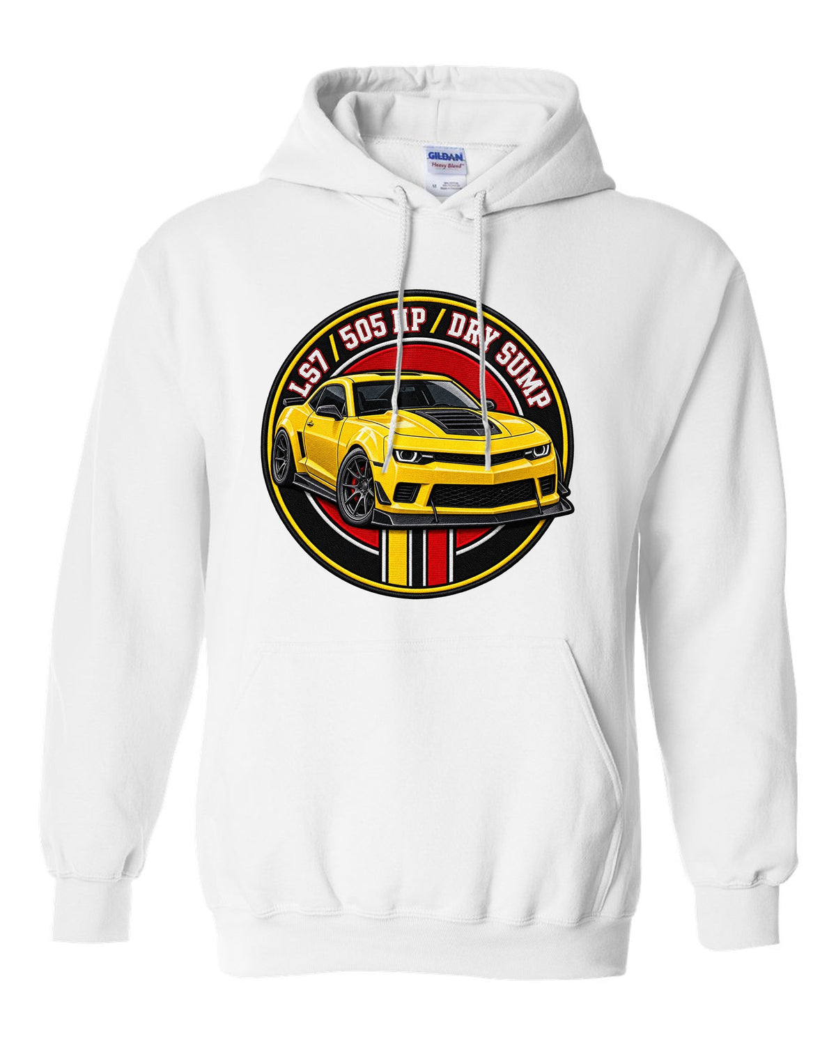 2014 Camaro Z/28 in a varsity crest design with text LS7 505 HP Dry Sump white pull over hoodie front view with the design