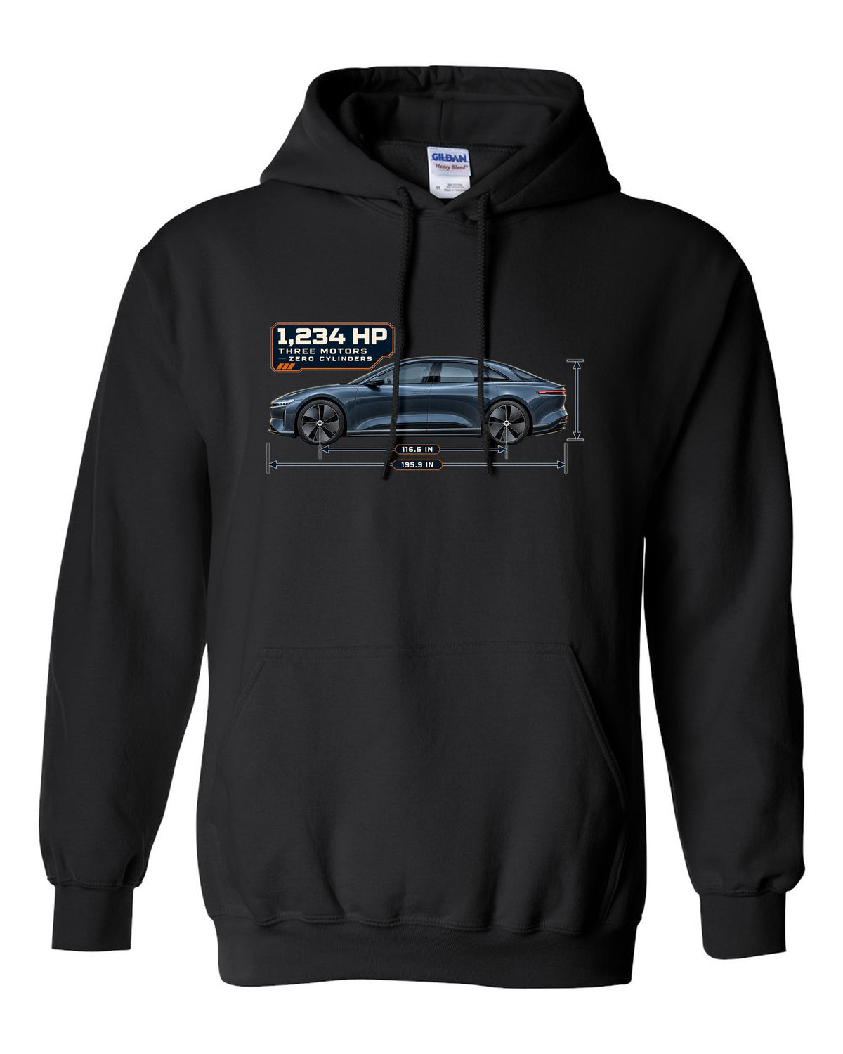 Dimension blueprint print of a Lucid Air Sapphire 2023 black pull over hoodie front view with the design
