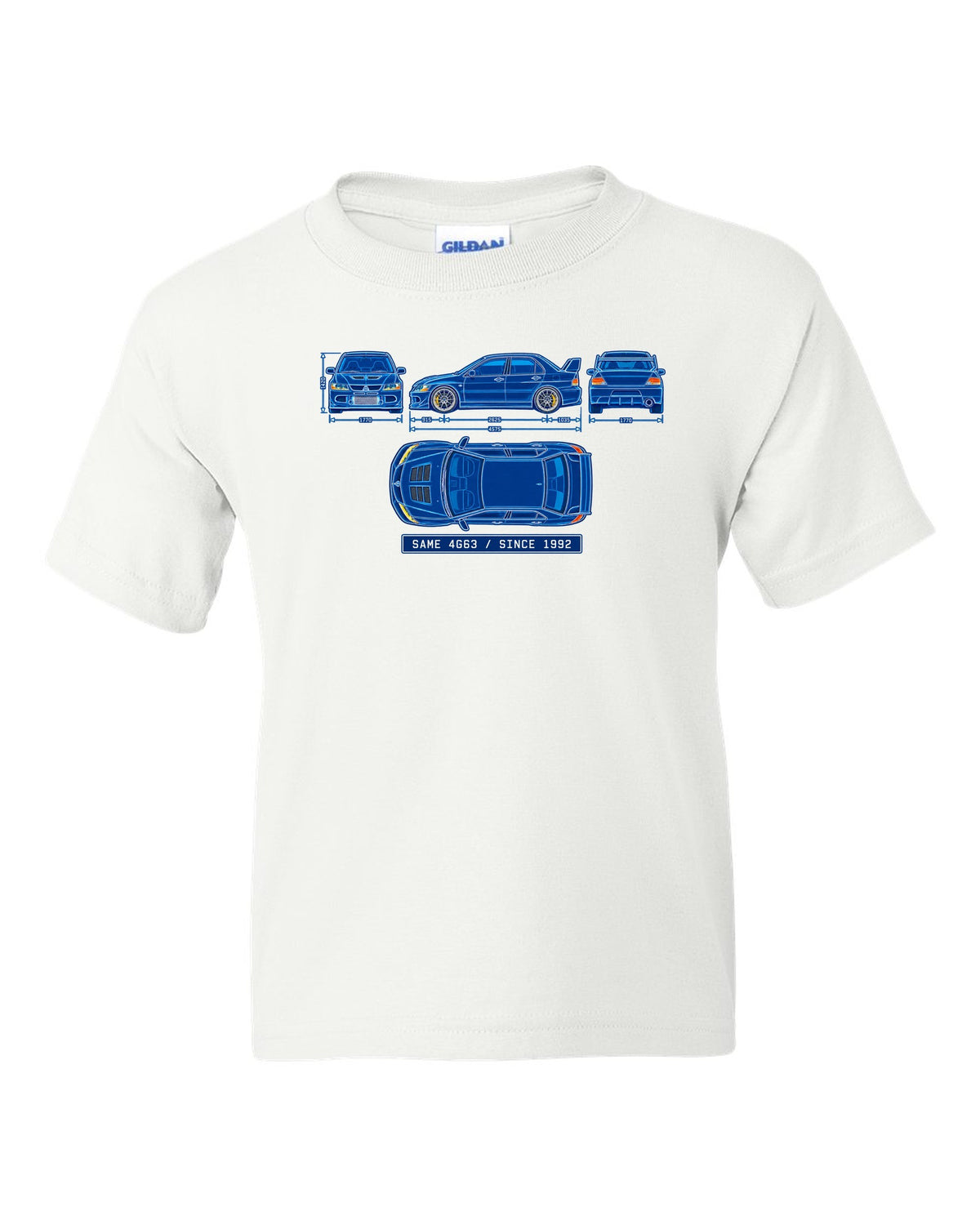 Embroidered patch style print of a boost gauge for the Mitsubishi Evo IX CT9A with boost gauge doesn't lie text white kids tee front view with the design