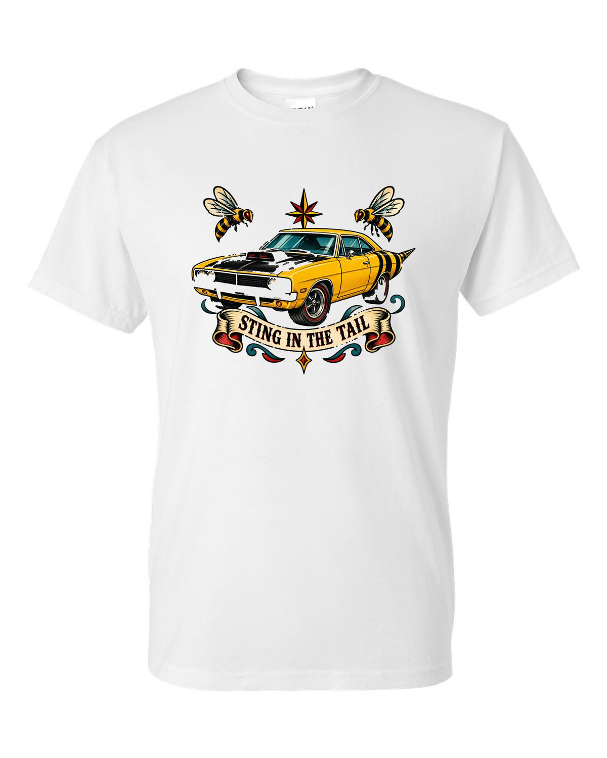 Hand-drawn tattoo flash print of a 1969 Dodge Coronet Super Bee with sting in the tail text white t-shirt front view with the design