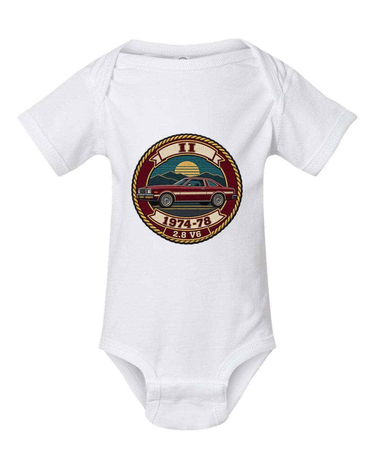 Embroidery-style varsity crest print for a 1974-78 Ford Mustang II notchback white baby onesie front view with the design