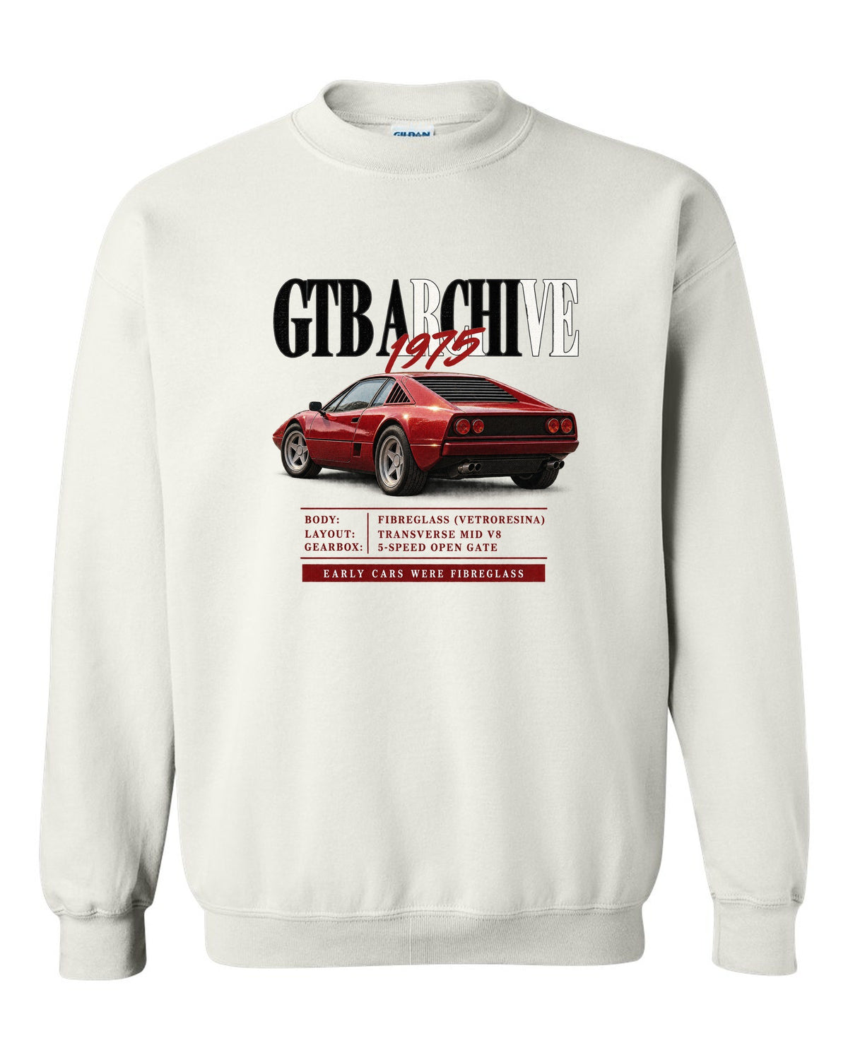Ferrari 308 GTB 1975 archive panel print, early cars were fibreglass white crewneck front view with the design