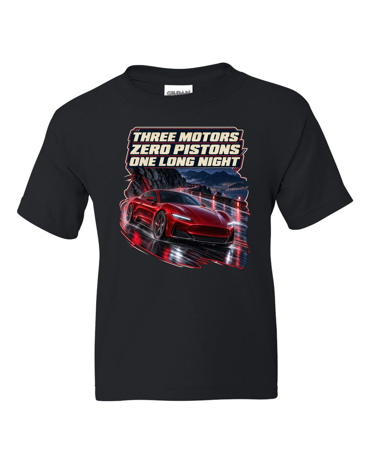 Maserati GranTurismo Folgore night street print black kids tee front view with the design