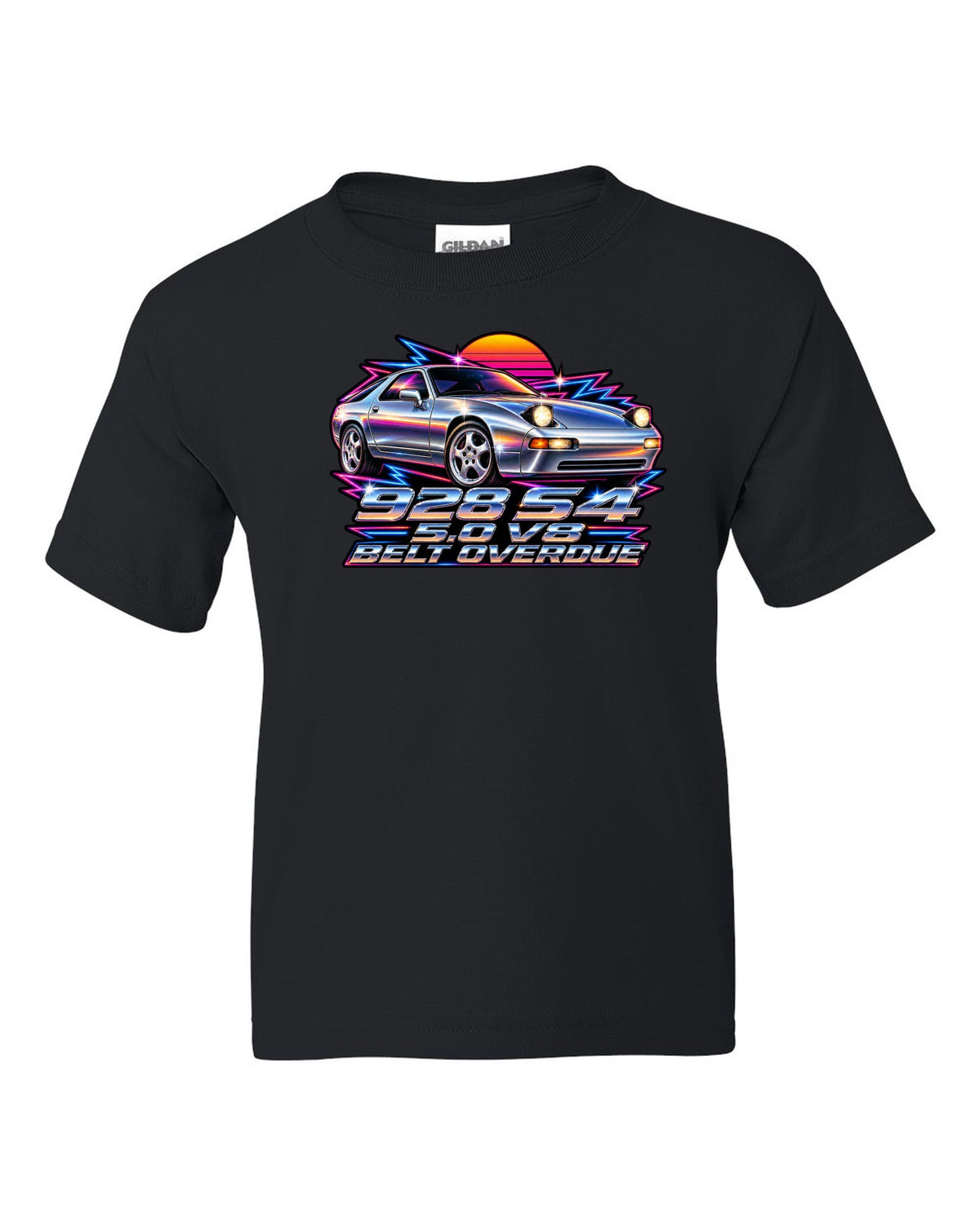 Porsche 928 S4 80s airbrush chrome design with pop-up headlights black kids tee front view with the design