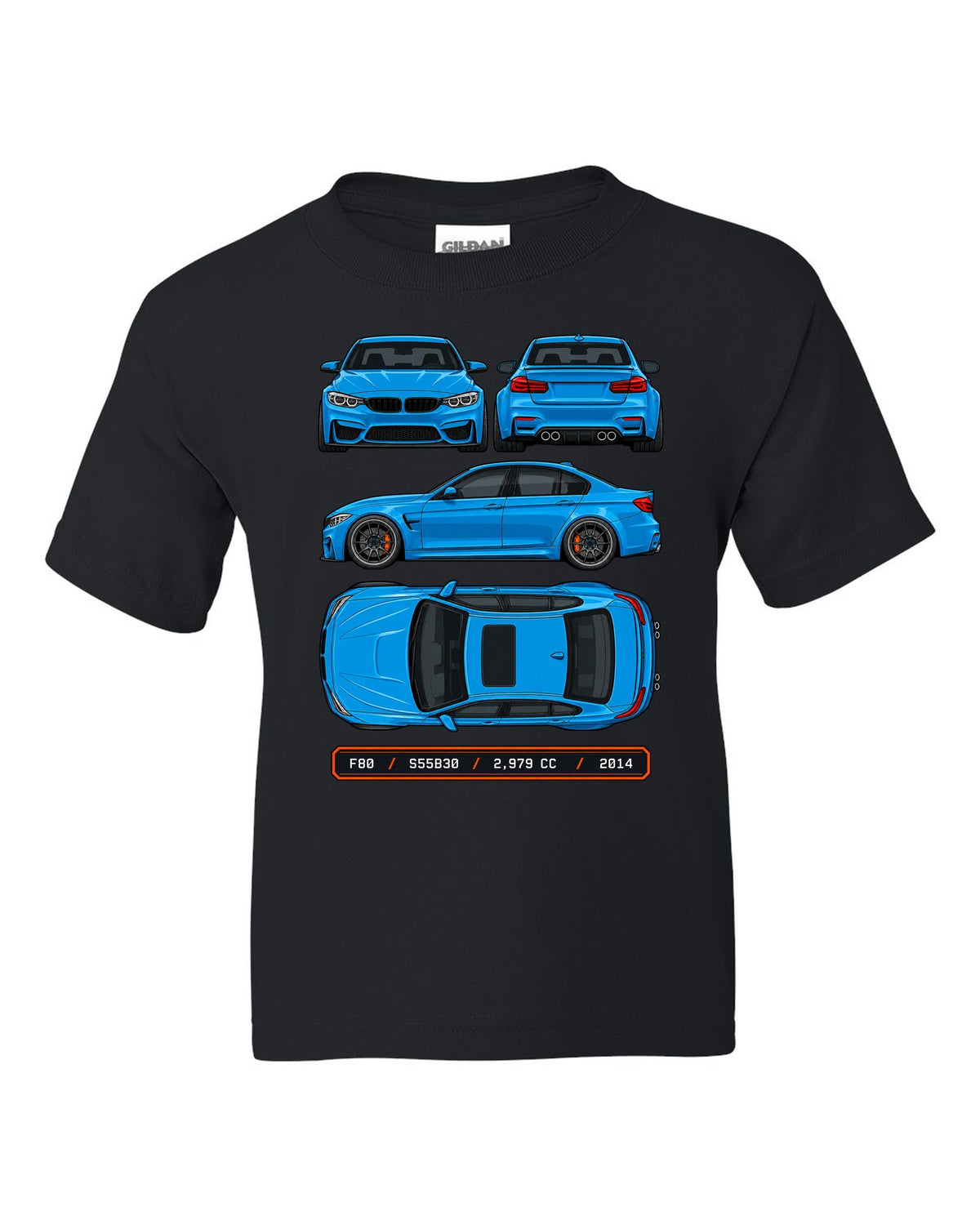 Spec plate style print of a BMW F80 M3 sedan with F80 S55B30 2,979 cc 2014 text black kids tee front view with the design