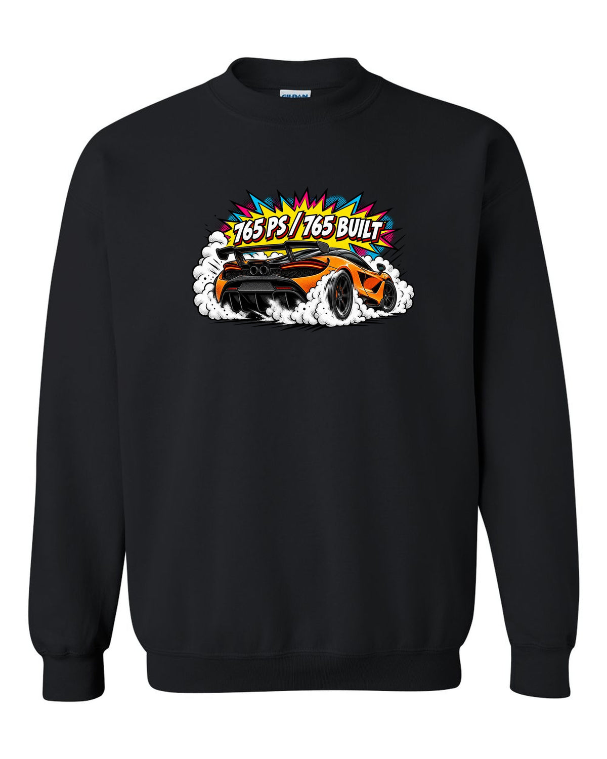 Comic halftone pop-art print of a McLaren 765LT burnout with 765 PS and 765 Built lettering black crewneck front view with the design