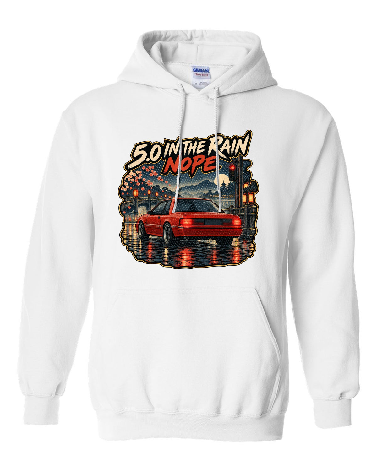 Woodblock style 1990 Ford Mustang Fox Body notchback in rain with 5.0 caption white pull over hoodie front view with the design