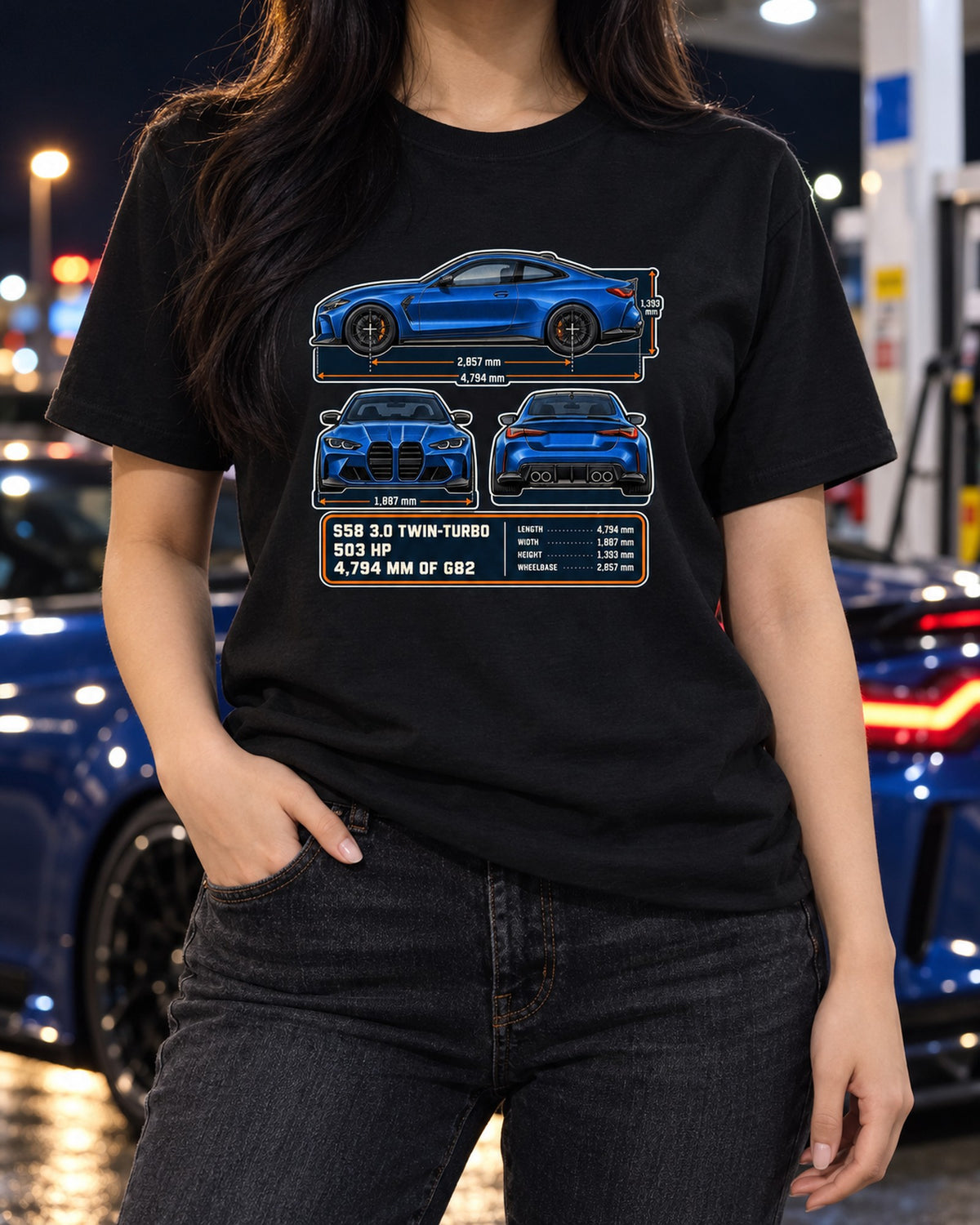 BMW M4 Competition G82 Dimension Blueprint Shirt, S58 Gift T-Shirt Black worn hero
