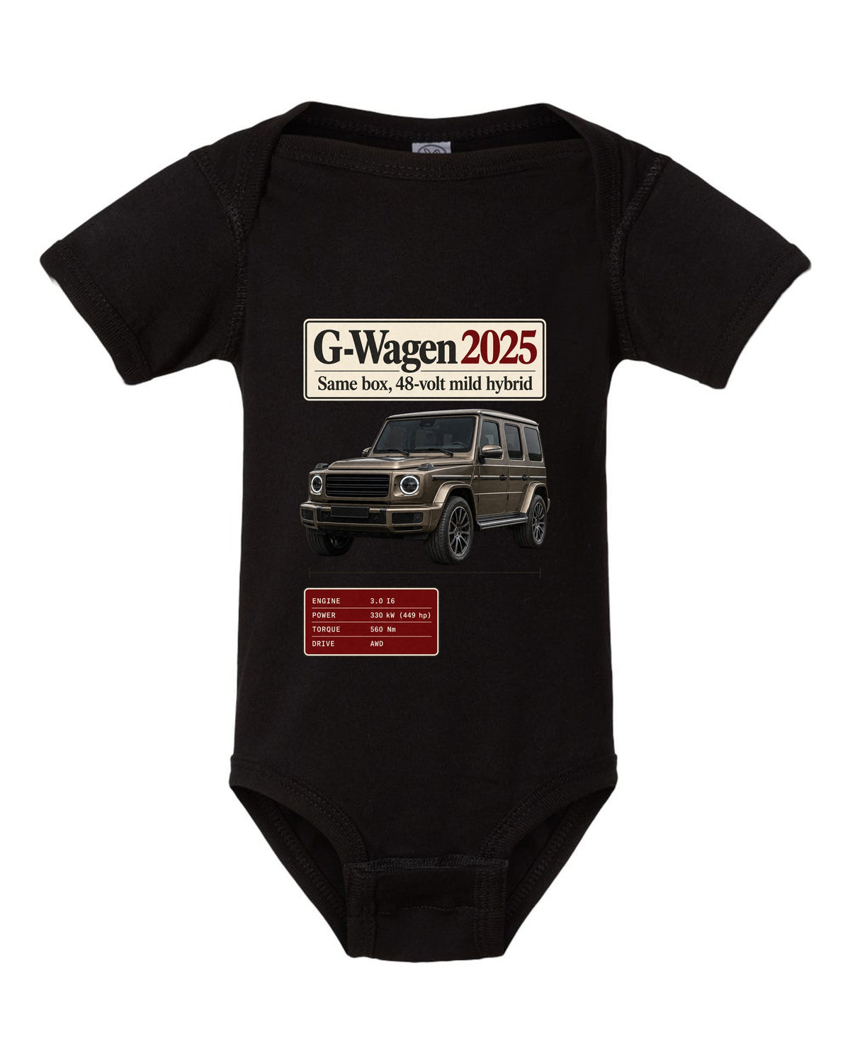 Archive panel print of a 2025 Mercedes-AMG G63 W463A facelift black baby onesie front view with the design