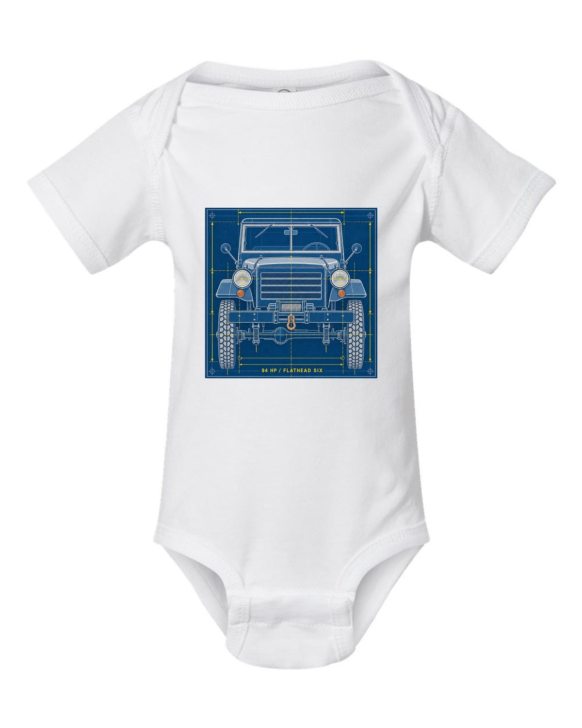 Cyanotype negative-style print of a Dodge Power Wagon WM300 grille with 94 HP flathead six text white baby onesie front view with the design