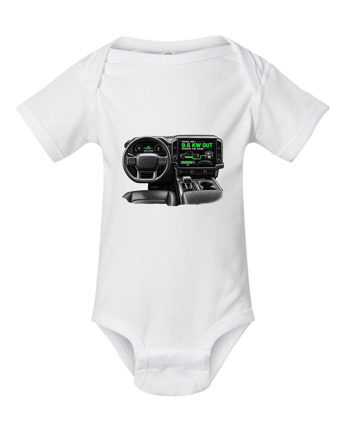 Ford F-150 Lightning 2022 interior centre screen crop with frunk readout white baby onesie front view with the design