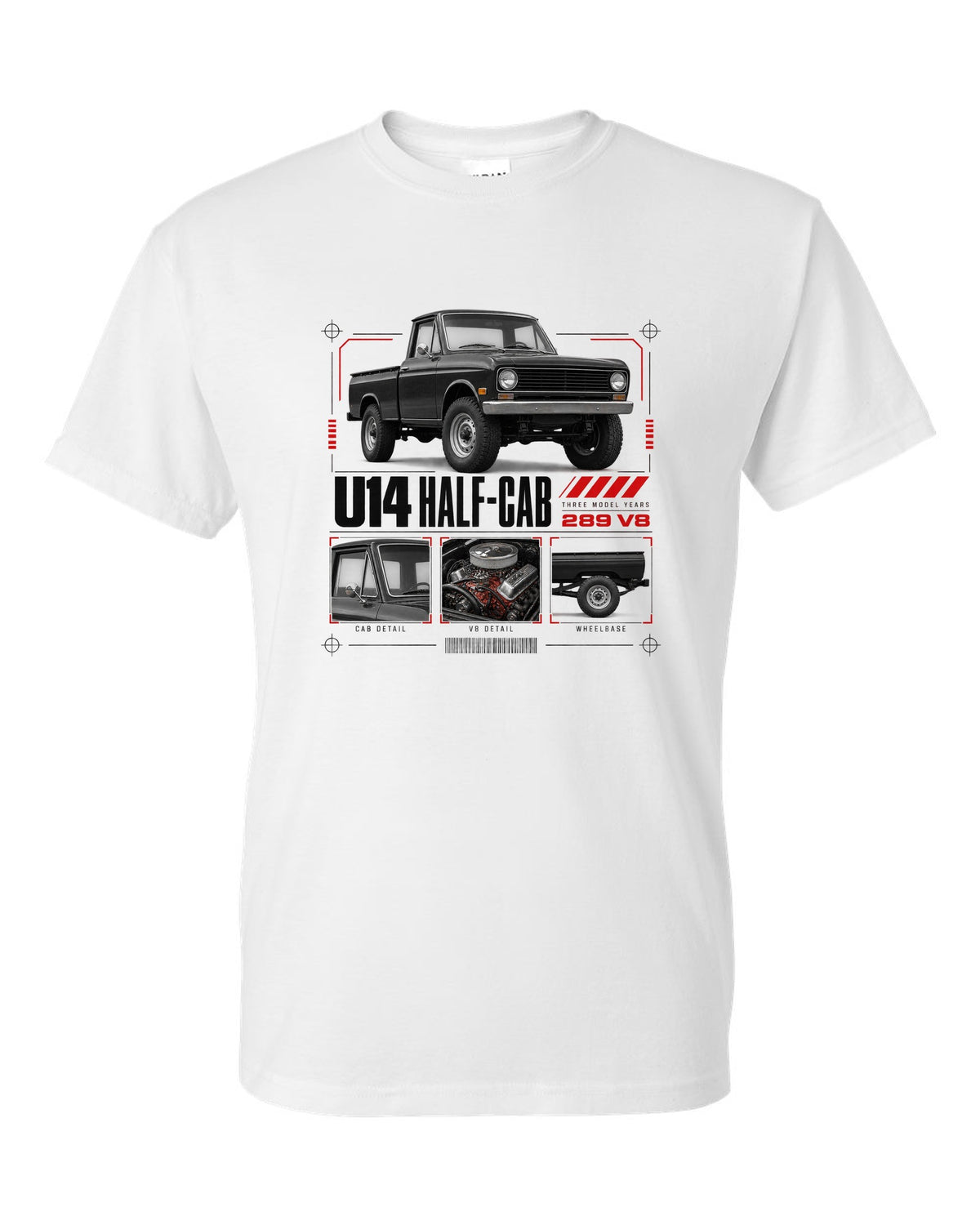 Ford Early Bronco U14 half-cab dossier panel print with 289 V8 and three model years white t-shirt front view with the design