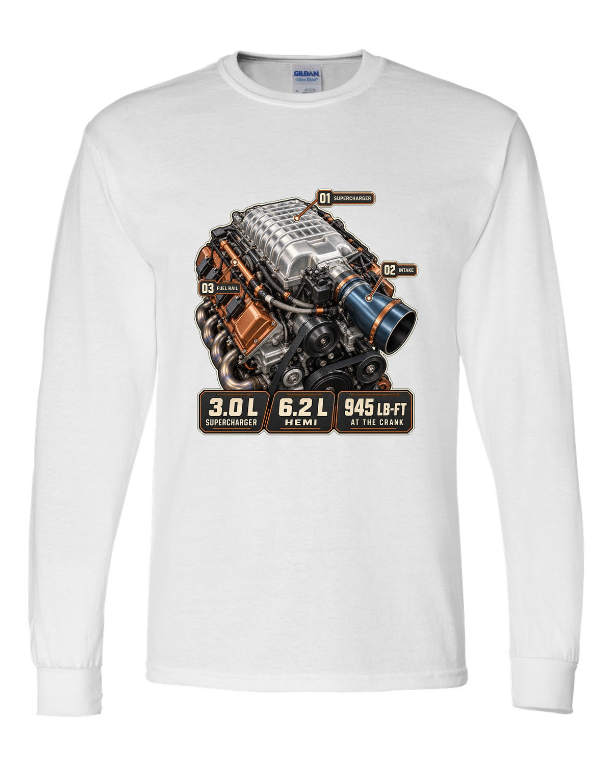 Dodge Challenger SRT Demon 170 supercharged Hemi engine hero print white long sleeve front view with the design