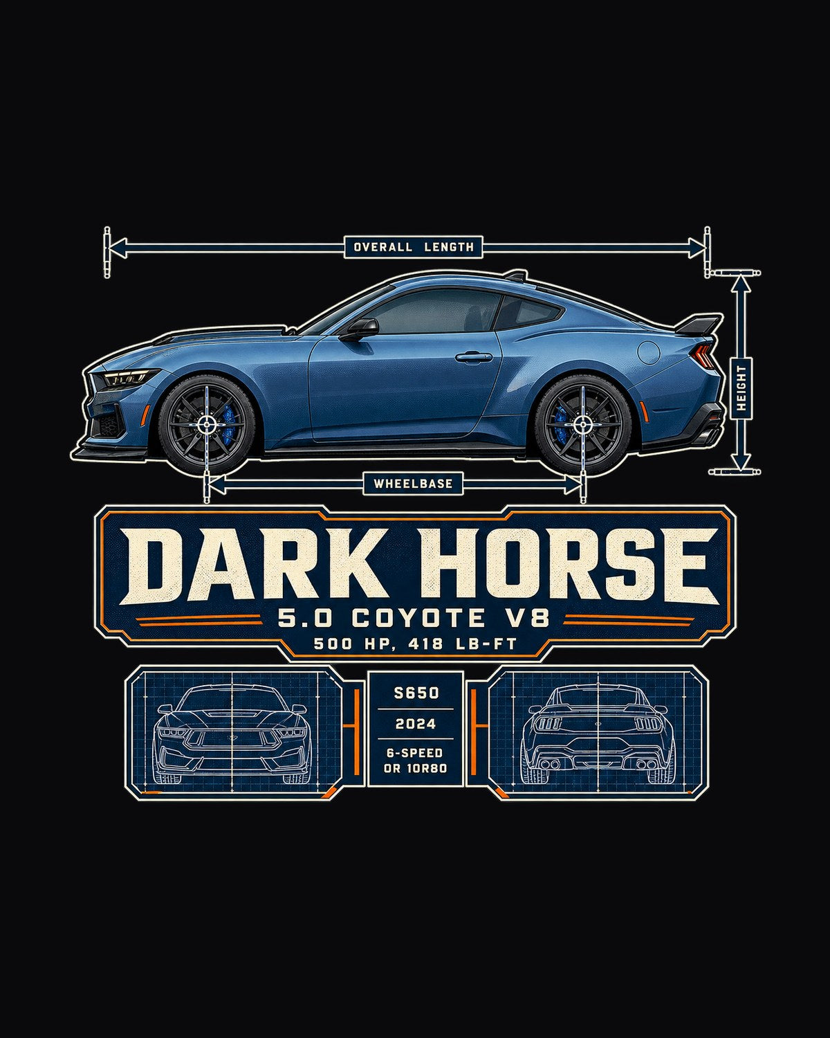 Ford Mustang S650 Dark Horse Dimension Blueprint Shirt, Coyote V8 design only