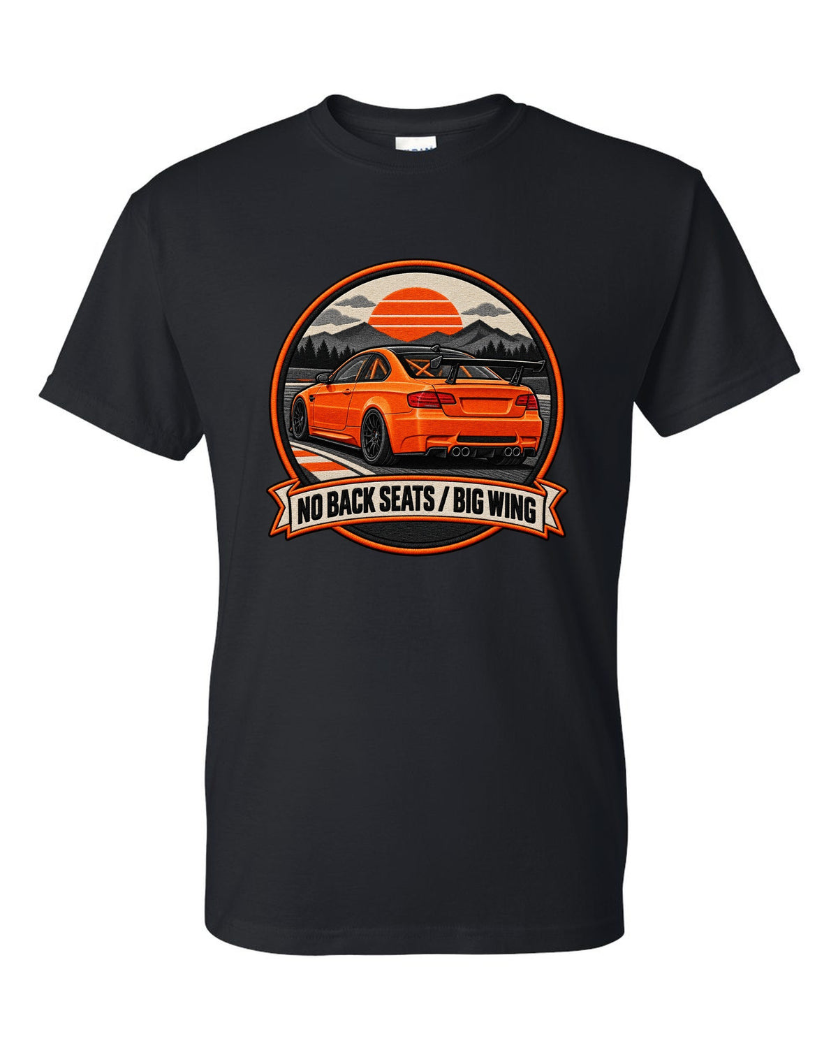 BMW E92 M3 GTS crest print with no back seats big wing text black t-shirt front view with the design