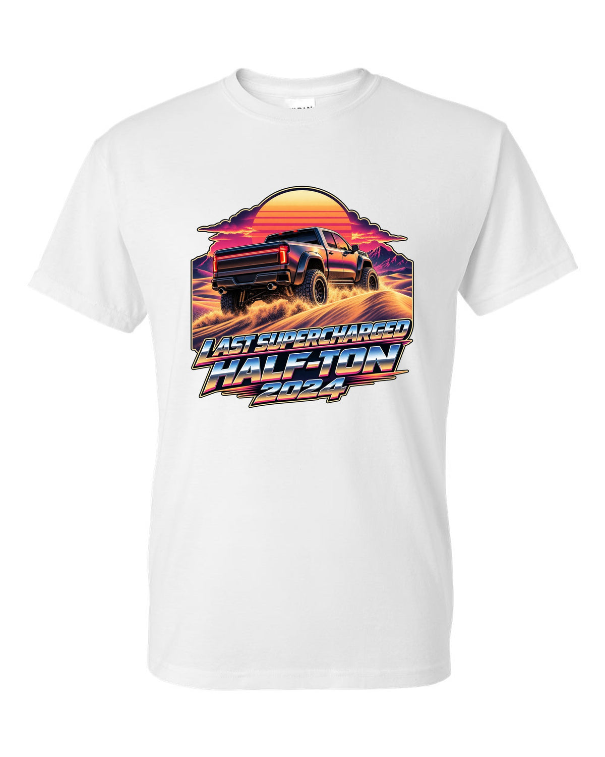 Retro 80s sunset print of a Ram 1500 TRX Final Edition on dunes white t-shirt front view with the design