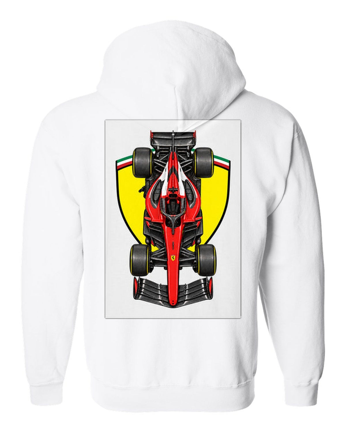 Ferrari SF-26 Formula 1 overhead poster artwork white zip hoodie back view with the design