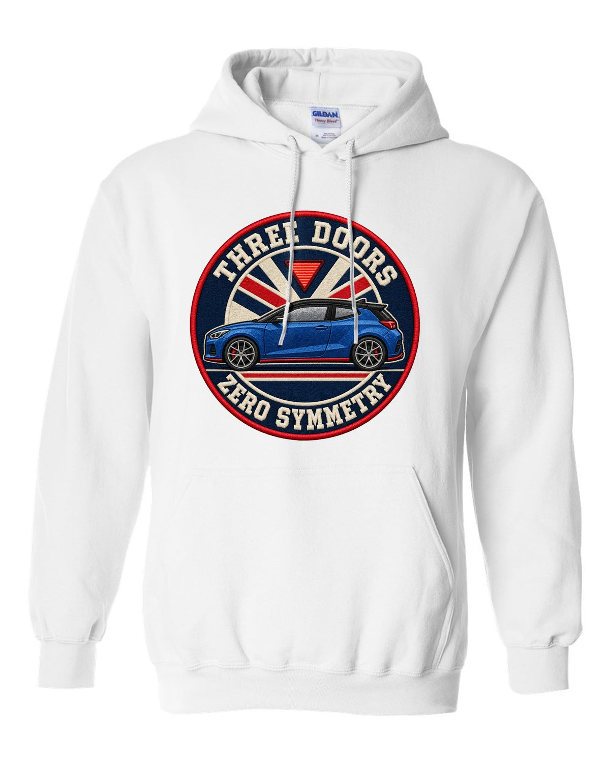 Embroidery varsity crest print for a Hyundai Veloster N JS with three doors zero symmetry text white pull over hoodie front view with the design