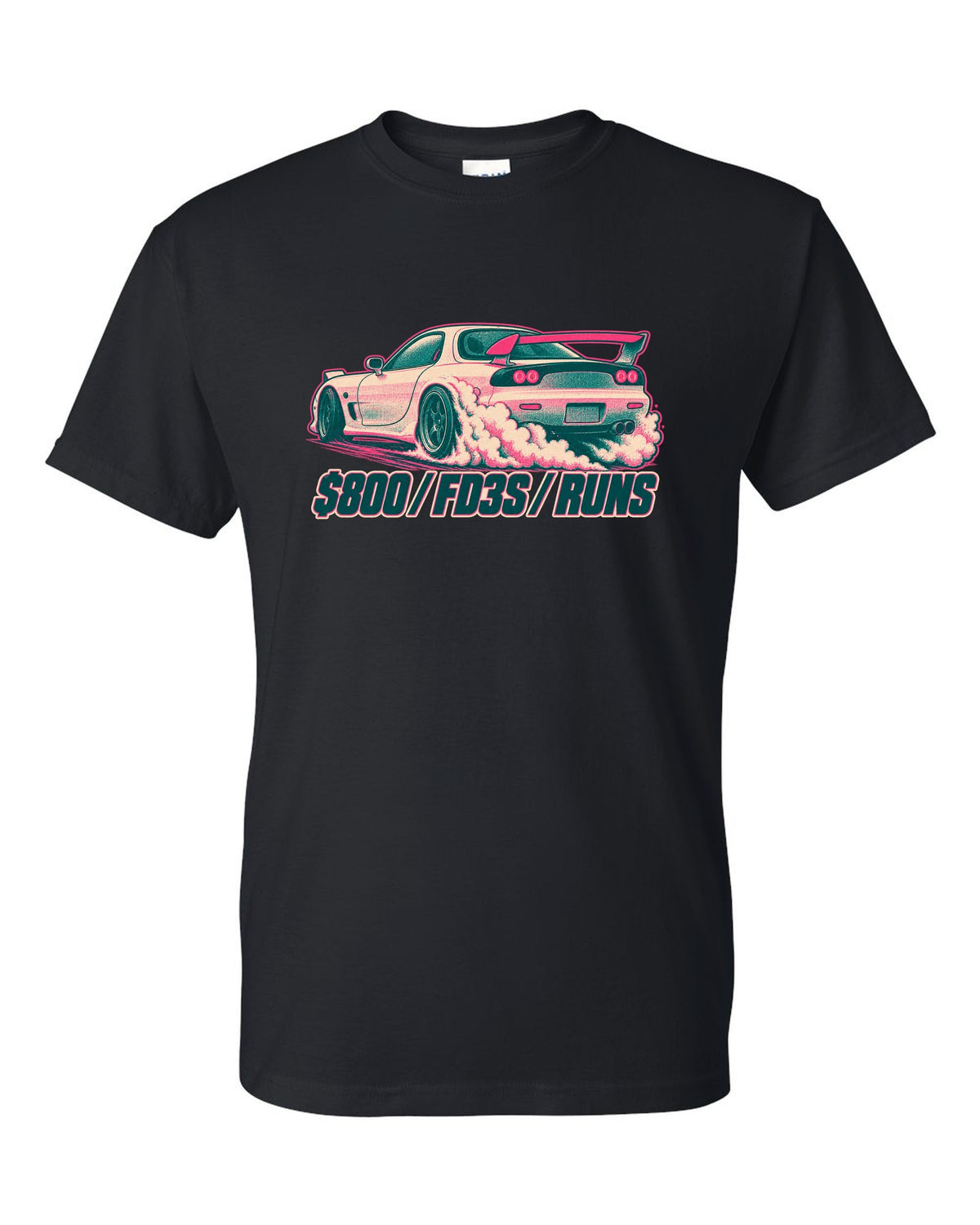 Geometric op-art rotor housing design for the Mazda RX-7 FD3S with 654 CC X 2 / NO PISTONS lettering black t-shirt front view with the design