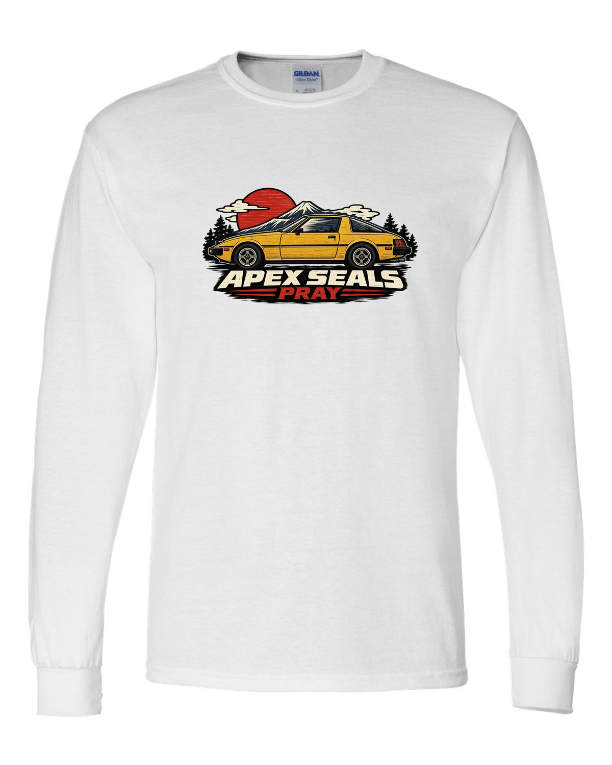 Mazda RX-7 SA22C Linocut Side Profile white long sleeve front view with the design