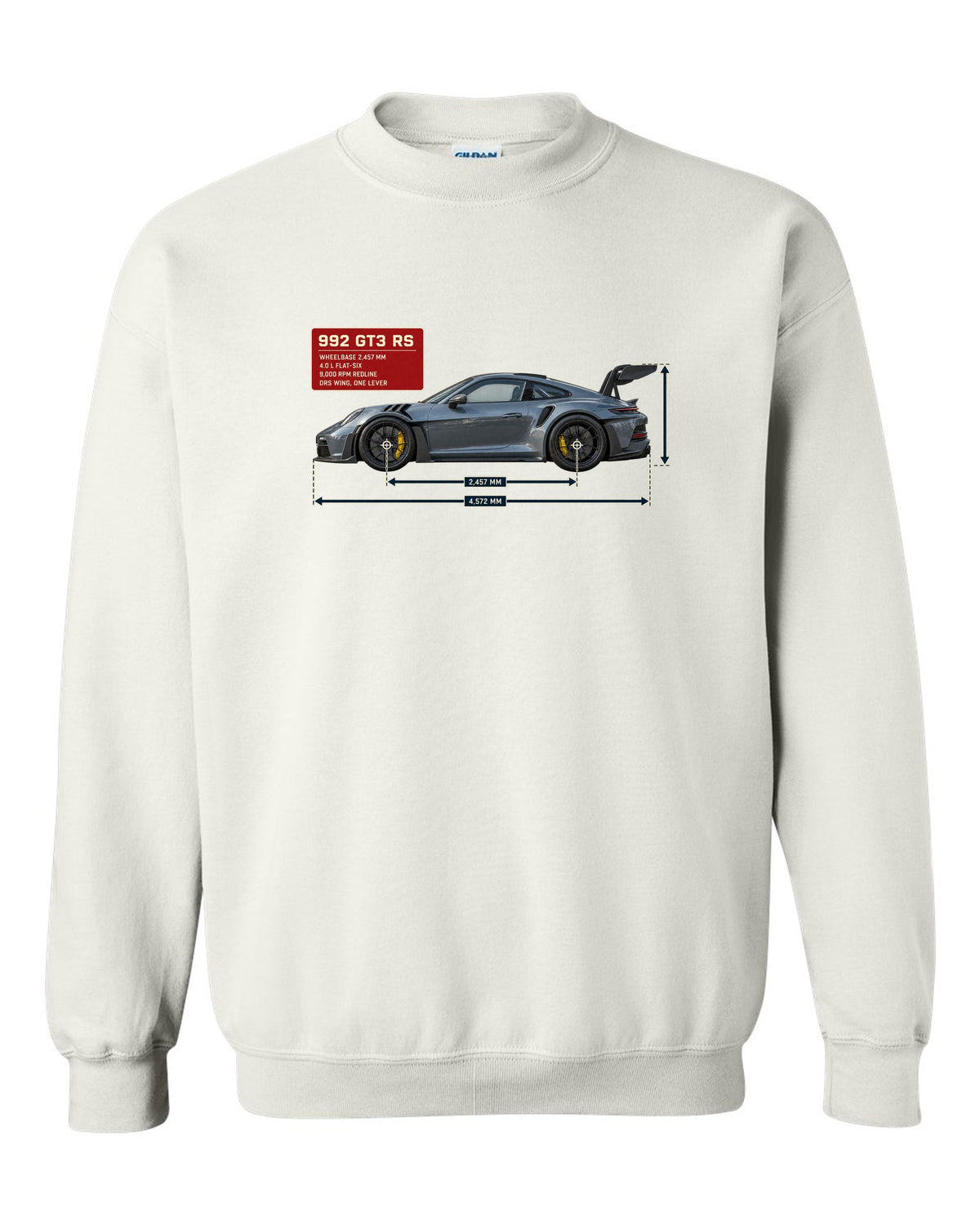 Porsche 992 GT3 RS dimension blueprint print design white crewneck front view with the design