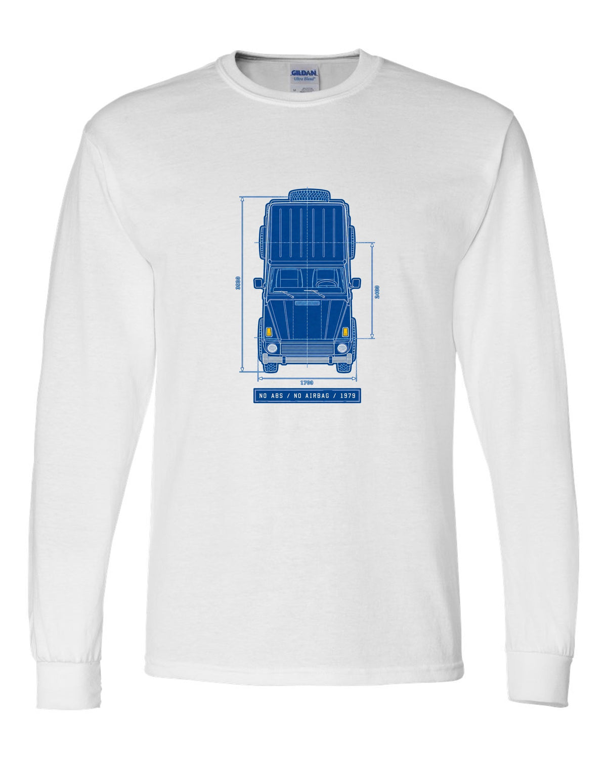 Neon synthwave taillights graphic of a Mercedes G63 W464 with exhaust exits text, print white long sleeve front view with the design