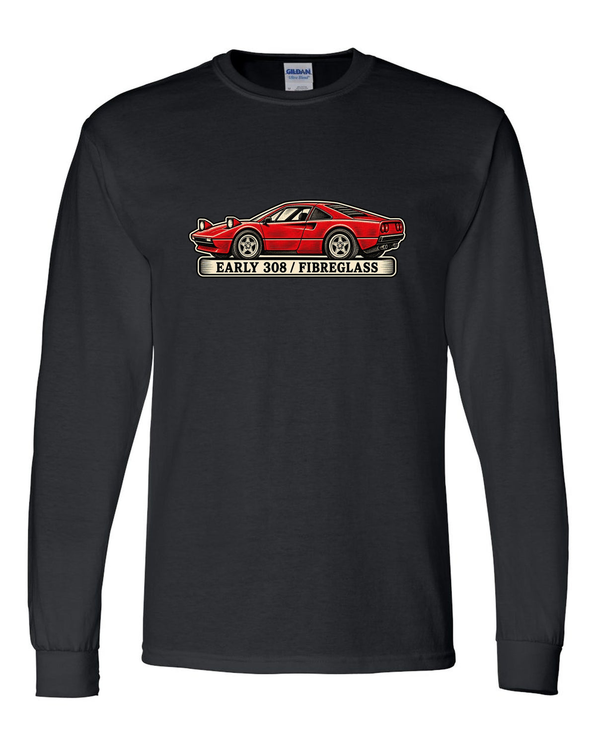Linocut woodcut style print of an early 1975 Ferrari 308 GTB with the text early 308 fibreglass black long sleeve front view with the design