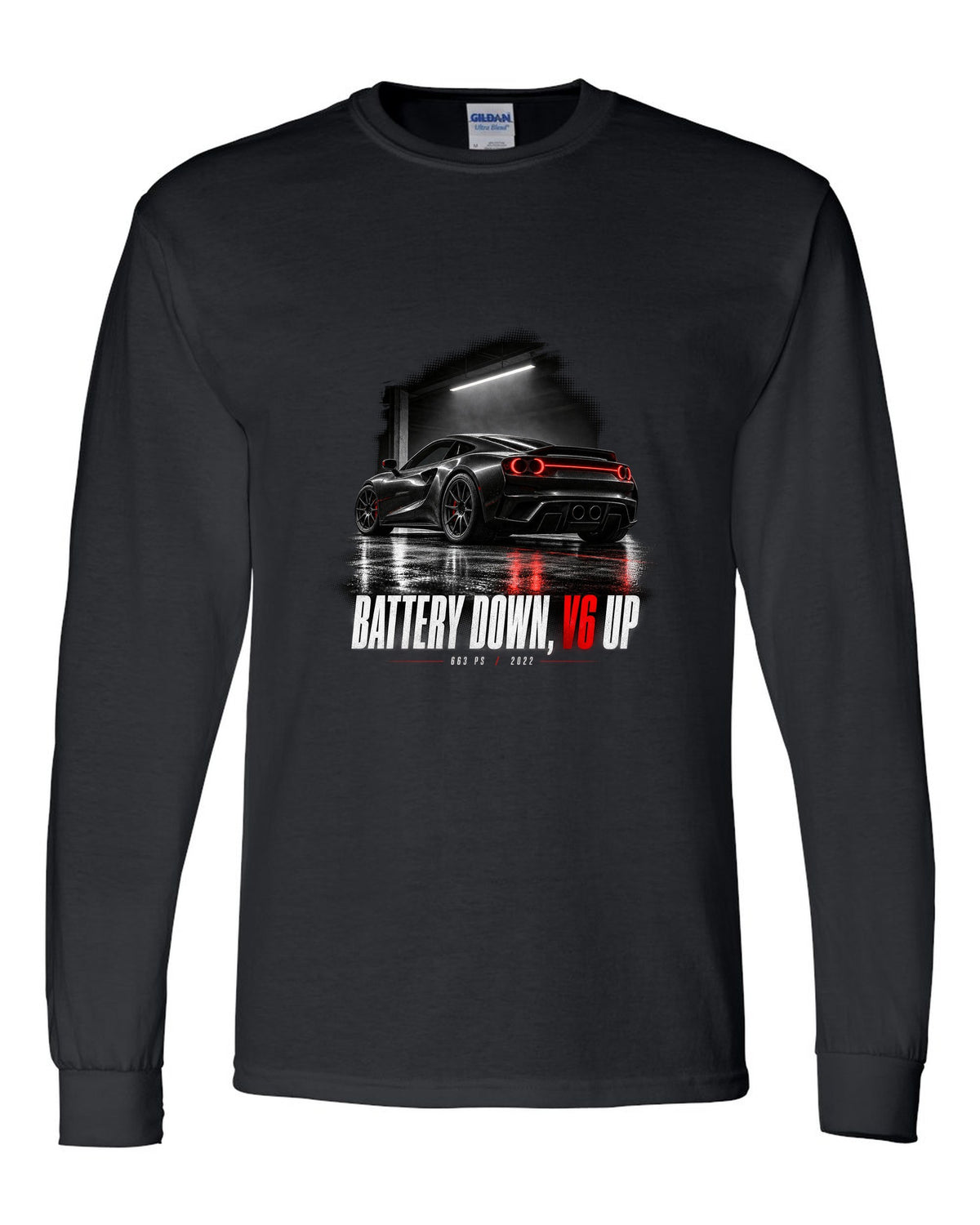 Garage night print of a Ferrari 296 GTB with the text Battery Down, V6 Up, 663 PS, 2022 black long sleeve front view with the design