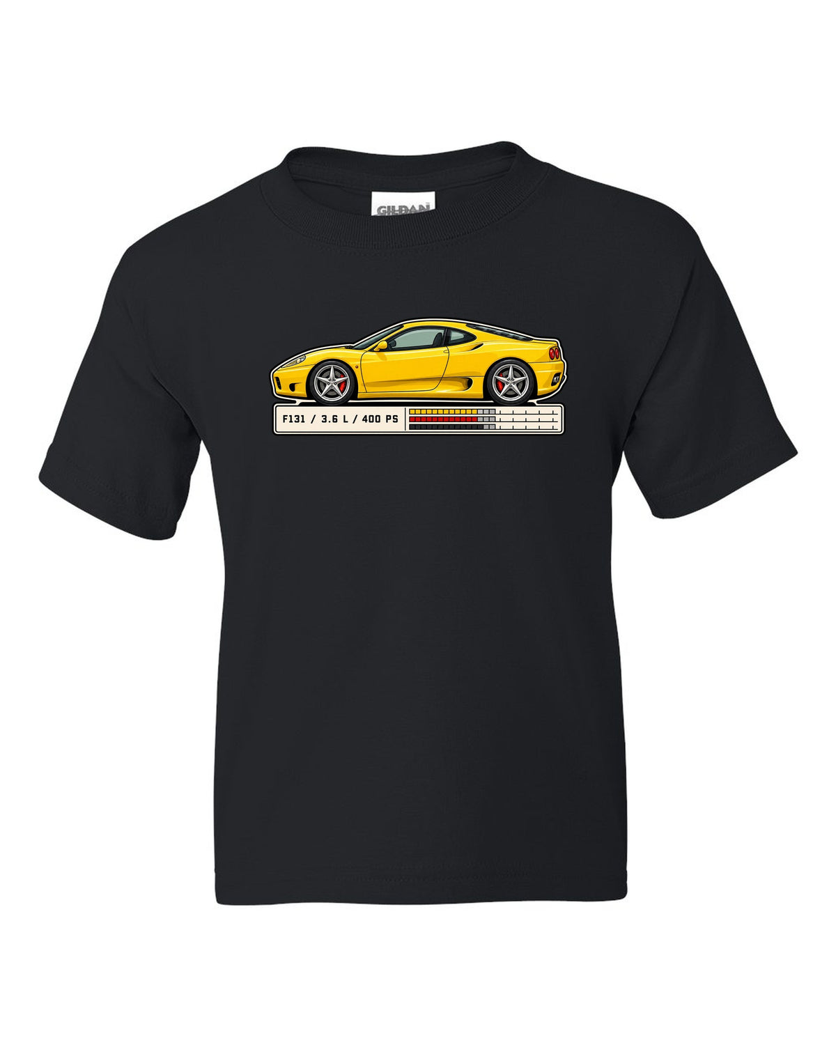 Spec sheet data plate print for the Ferrari 360 Modena listing F131, 3.6 L and 400 PS black kids tee front view with the design