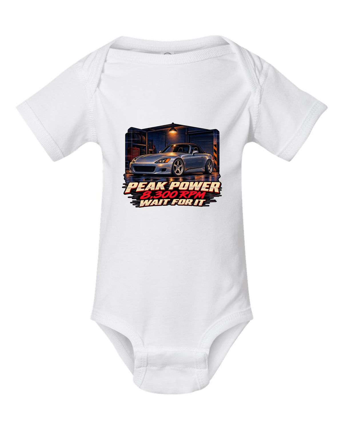 Lo-fi VHS cover style print of a Honda S2000 AP1 with 8,300 RPM wait for it text white baby onesie front view with the design