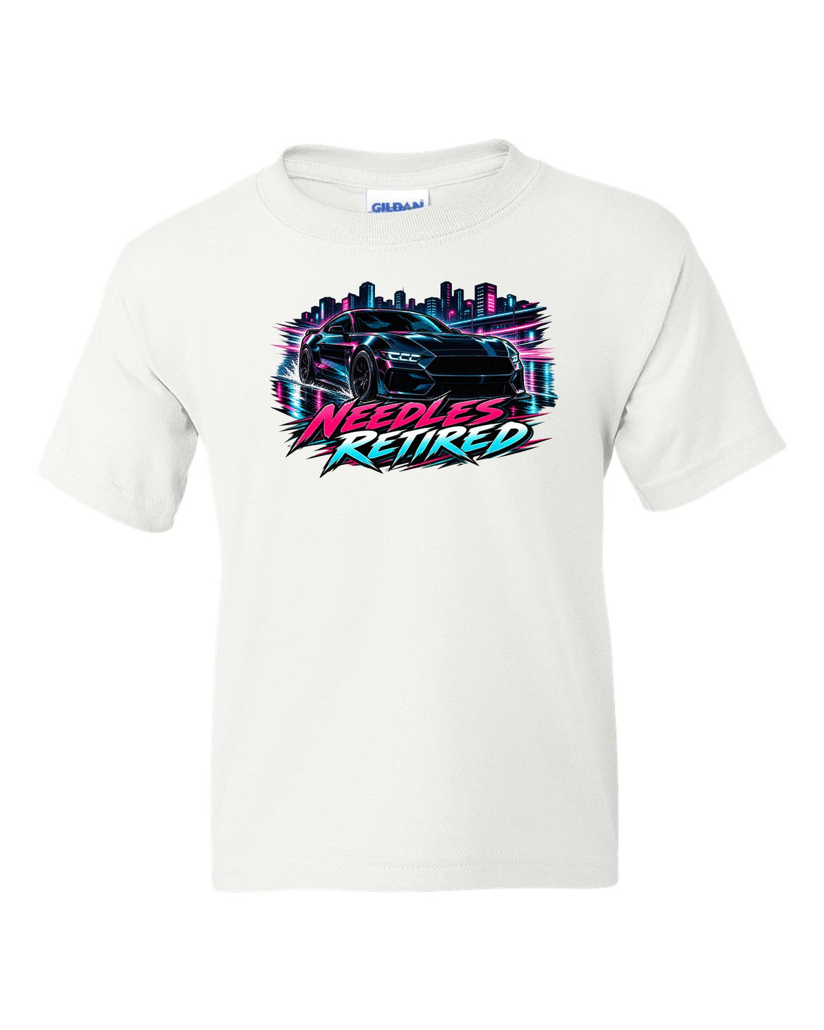 Cel-shaded anime night touge print of a 2024 S650 Mustang coupe with Needles Retired text white kids tee front view with the design