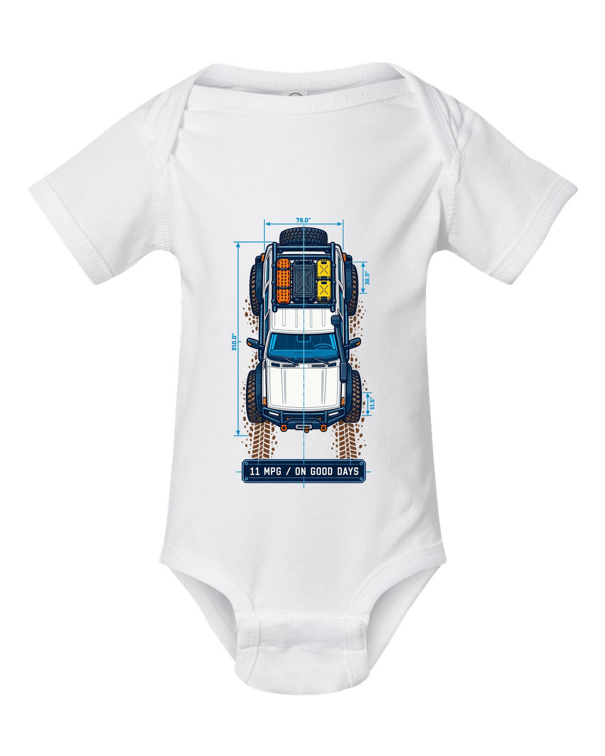 Top-down blueprint line art of a Toyota Land Cruiser FJ80 with roof rack and 11 MPG lettering white baby onesie front view with the design