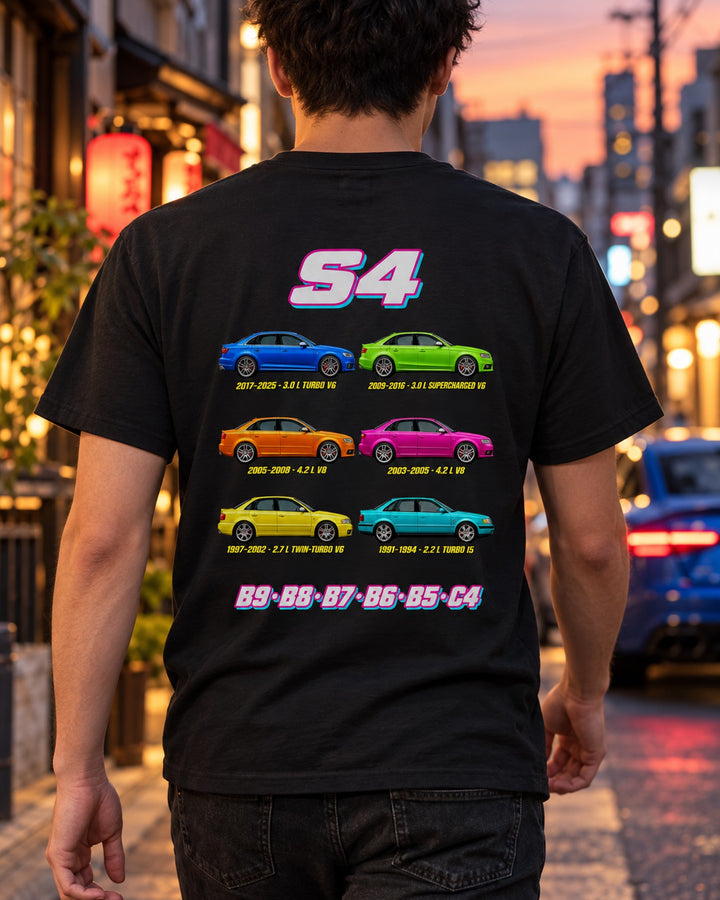 Audi S4 Evolution Poster Full-Back Graphic Tee T-Shirt Black worn hero