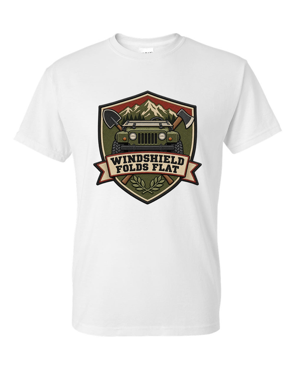 Jeep Wrangler JL embroidery shield crest design with windshield folds flat text white t-shirt front view with the design