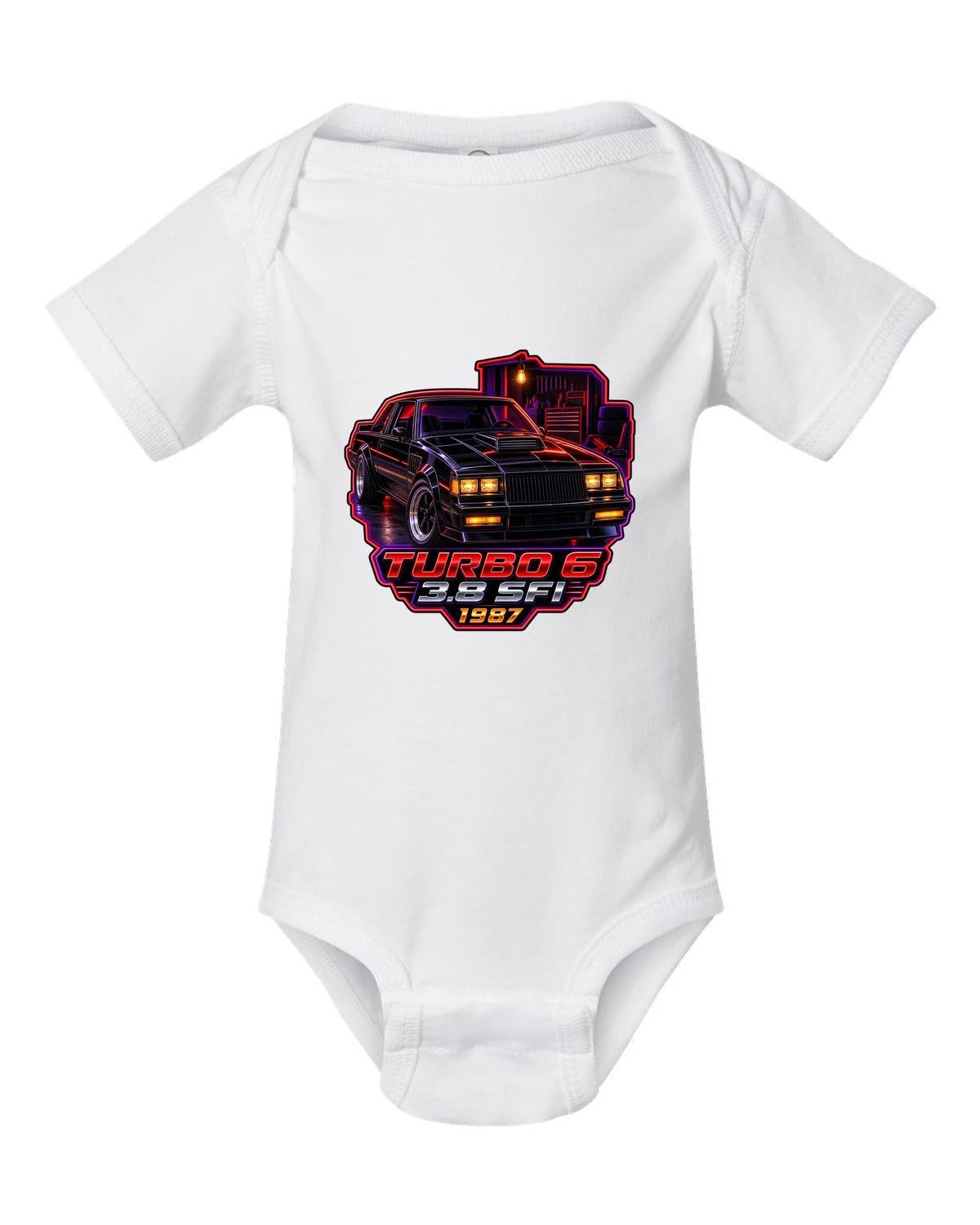 1987 Buick Regal turbo coupe in a neon-lit night garage white baby onesie front view with the design
